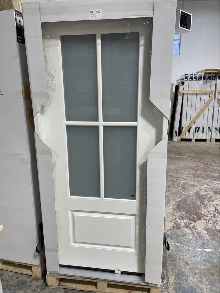 36''x80” Exterior Fiberglass Door Painted White Single 4 Lights 