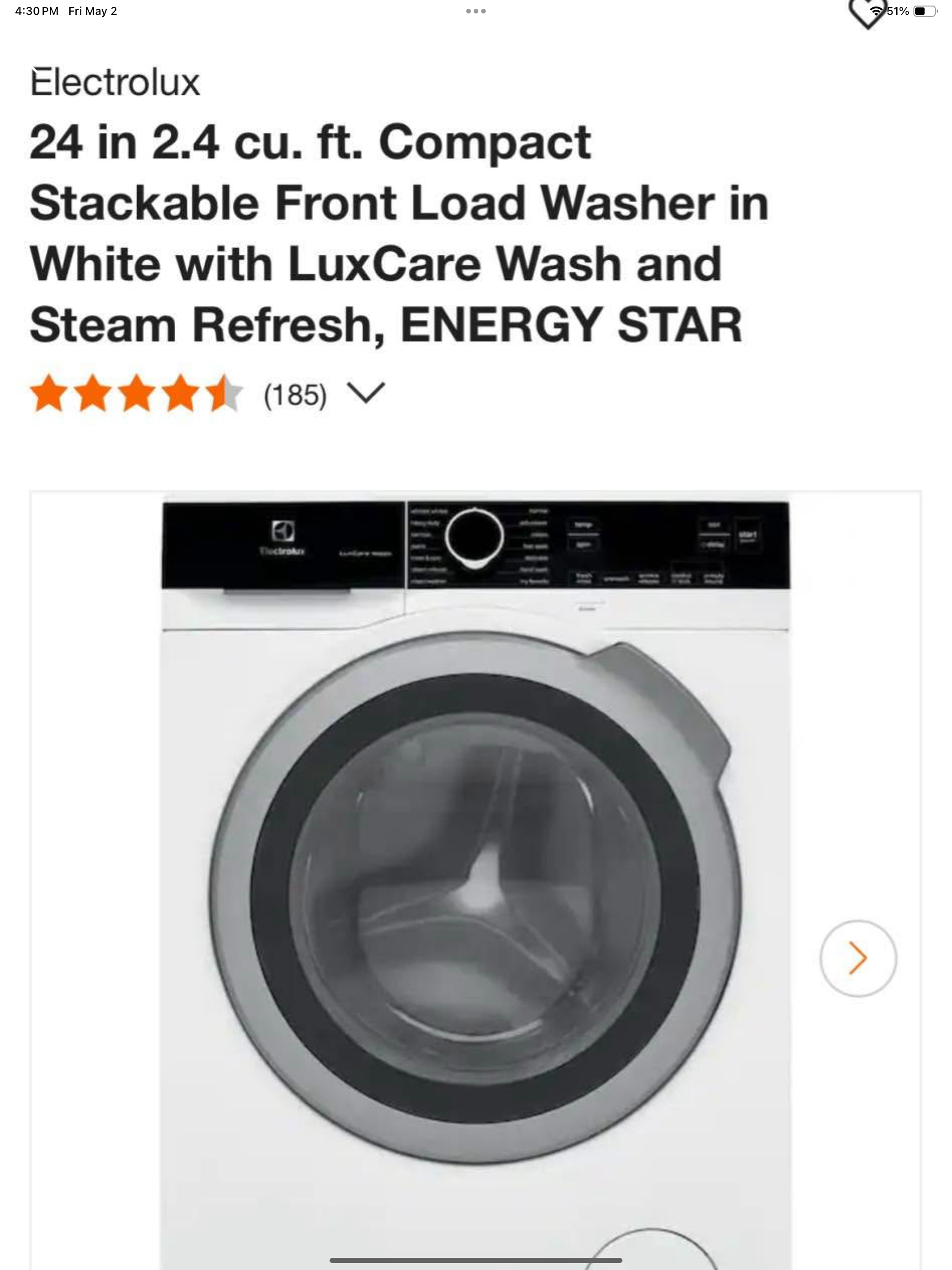 24 in 2.4 cu. ft. Compact Stackable Washer Model # ELFW4222AW 202506118