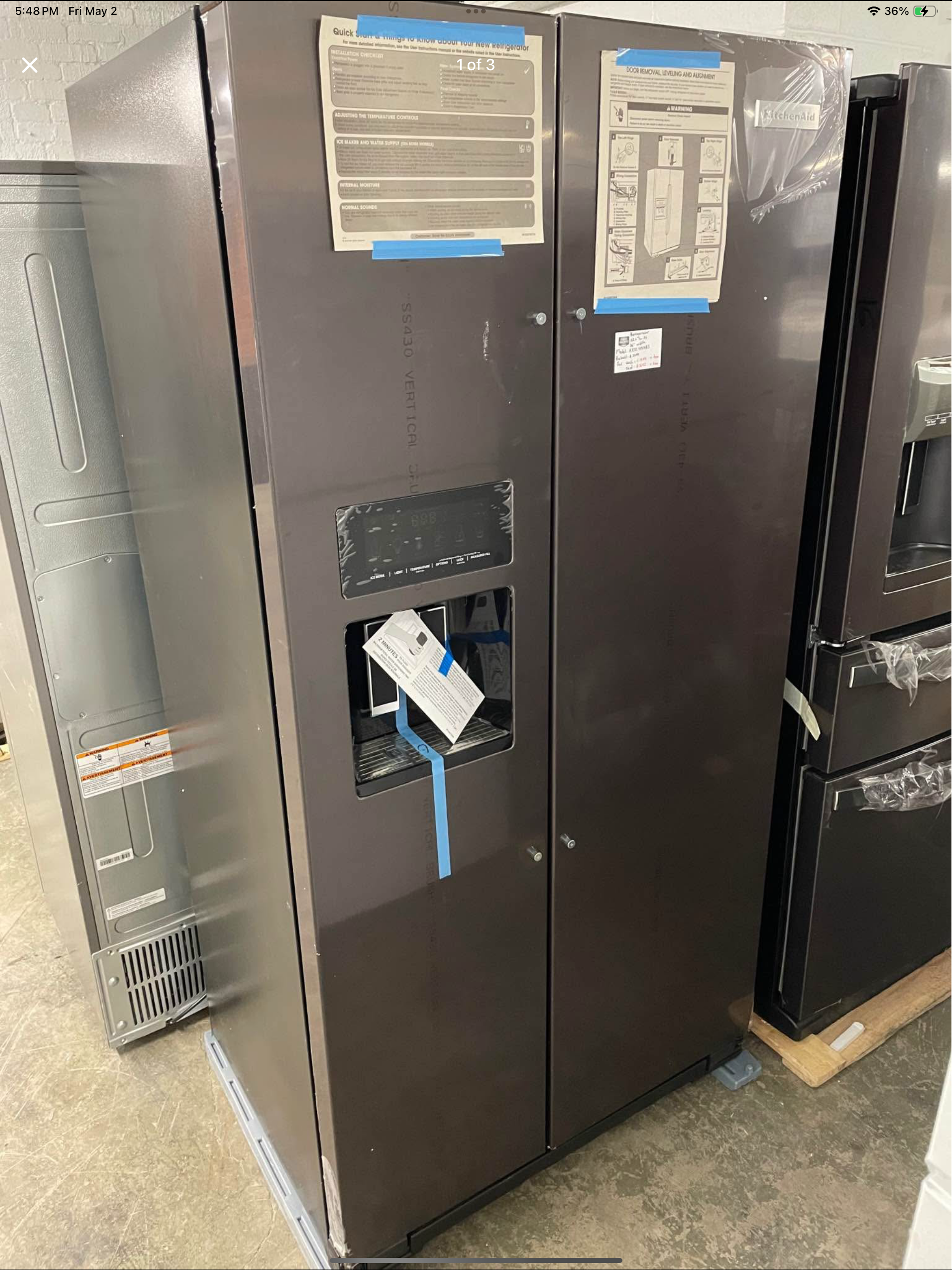 Refrigerator 36” wide 22.6 cu ft Model # KRSC703HBS 202506104