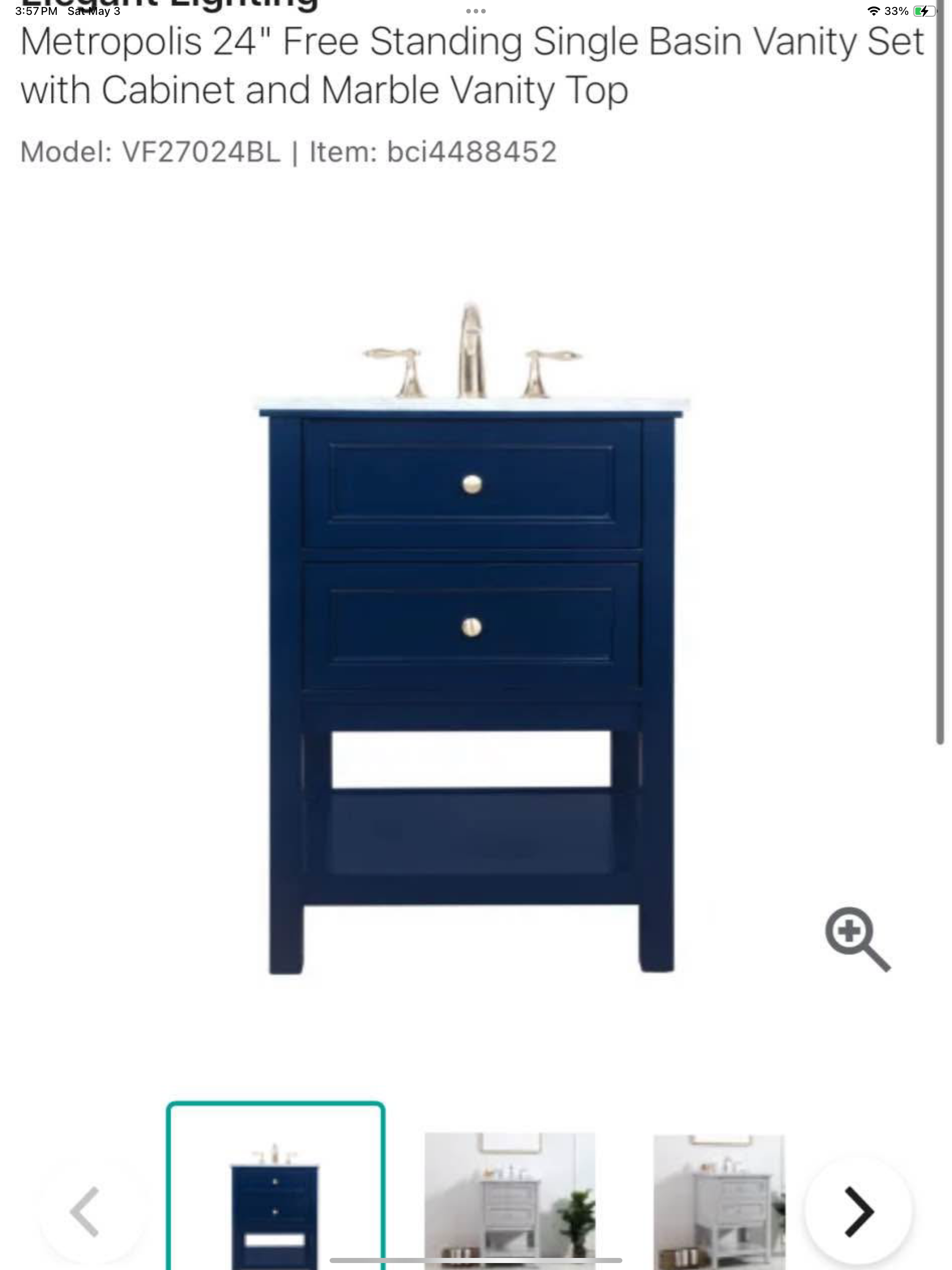 Vanity 24”x22” with marble top Model: VF27024BL