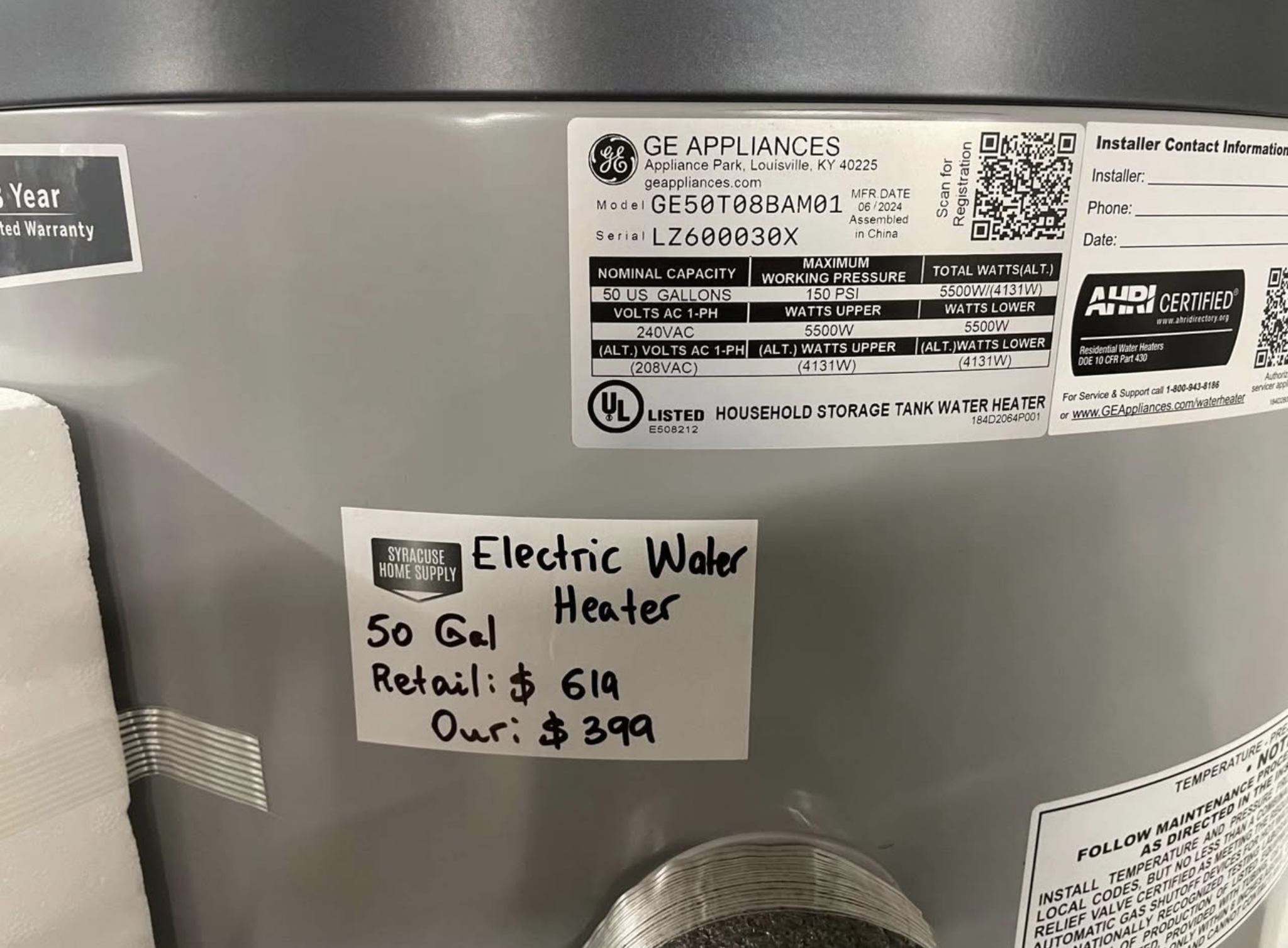 Electric Water Heater 50 Gal