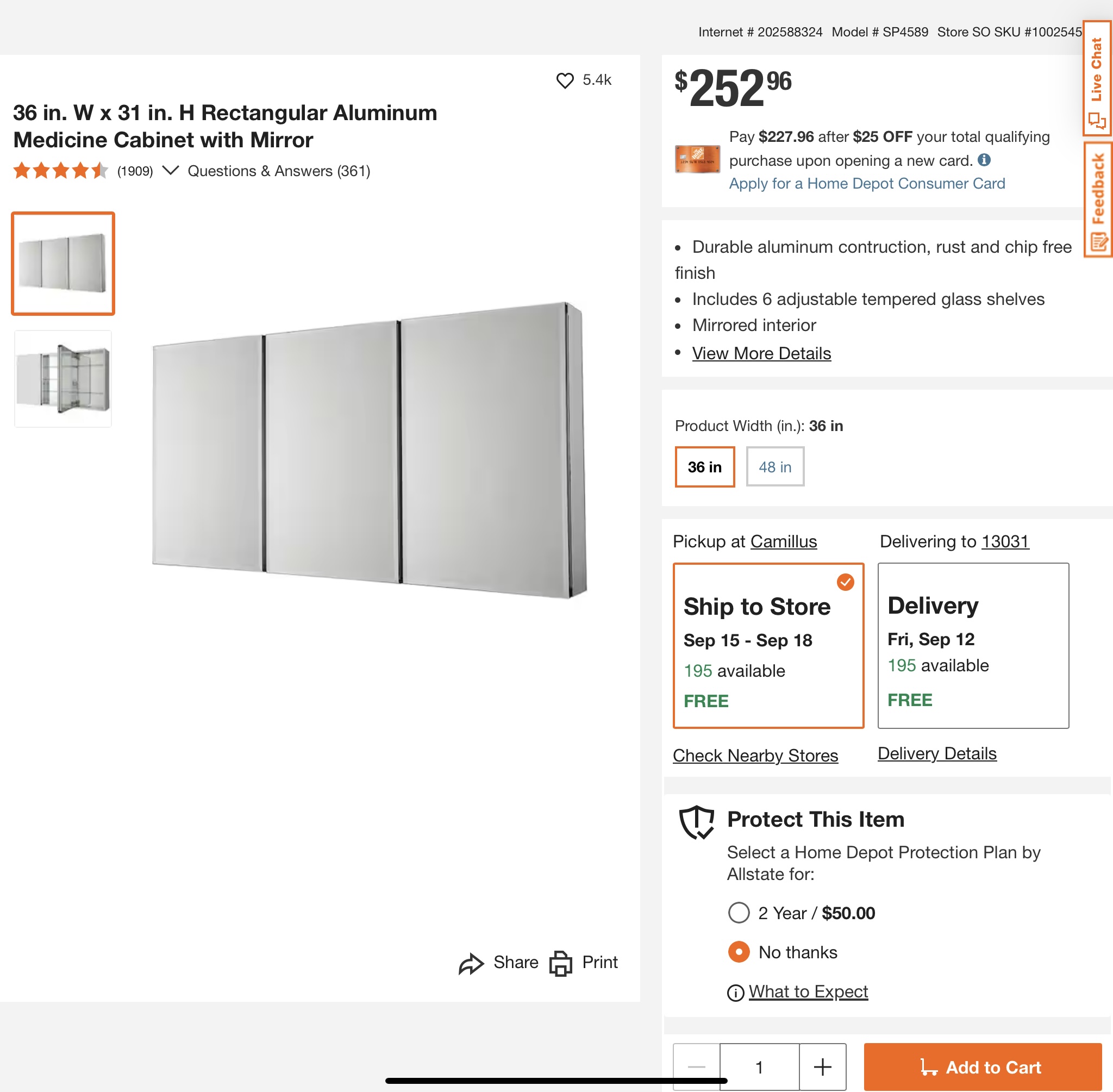 36 in. W x 31 in. H Rectangular Aluminum Medicine Cabinet with Mirror 202509101
