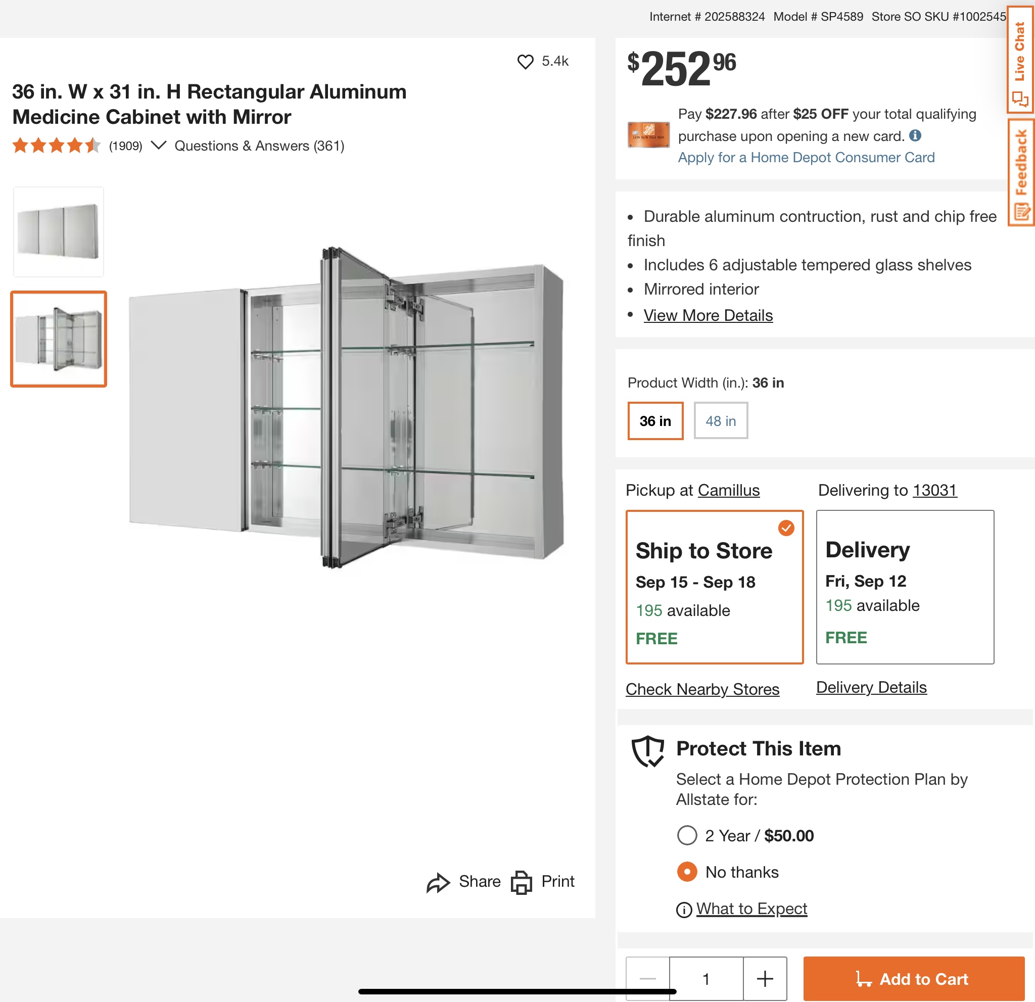 36 in. W x 31 in. H Rectangular Aluminum Medicine Cabinet with Mirror 202509101