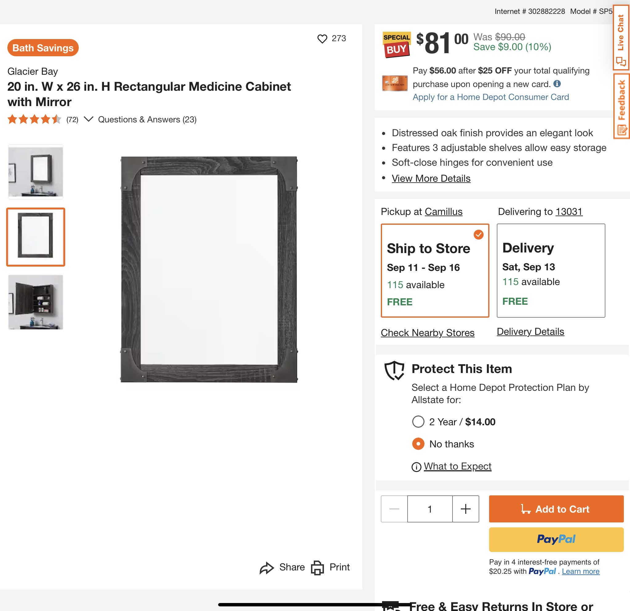 20 in. W x 26 in. H Rectangular Medicine Cabinet with Mirror 202509102