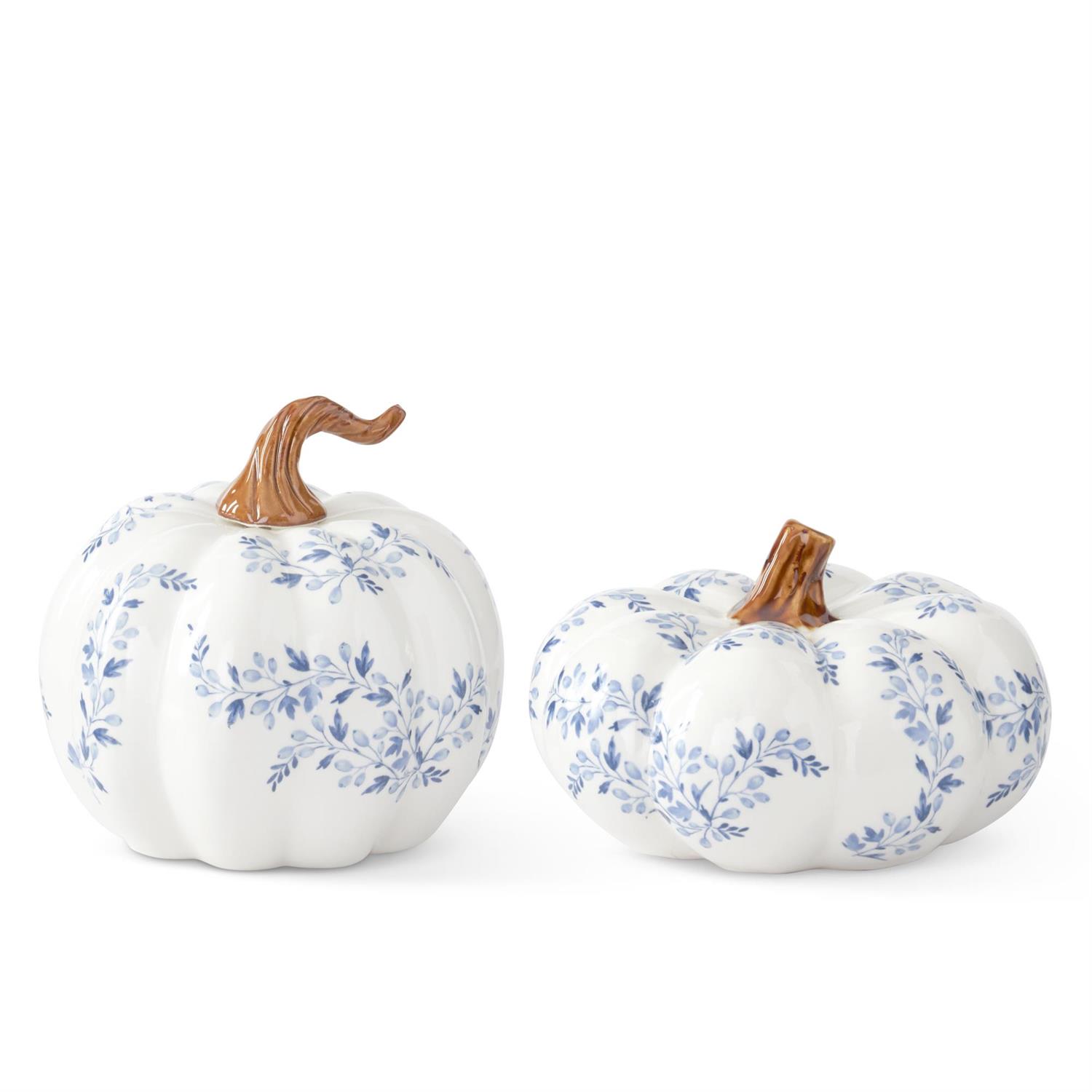 White w/Blue Floral Ceramic Pumpkins (Short)