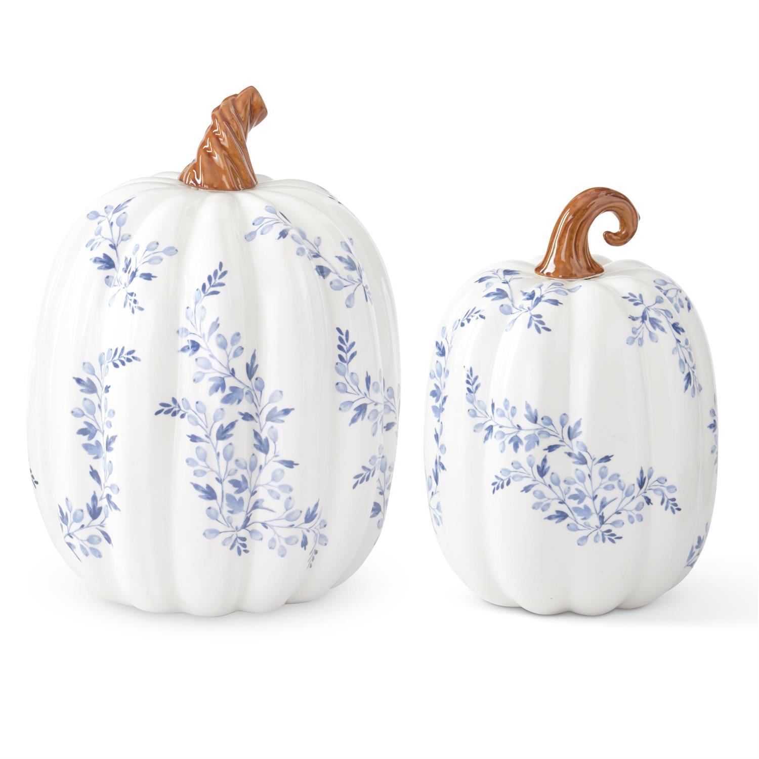 White w/Blue Floral Ceramic Pumpkins (Tall)