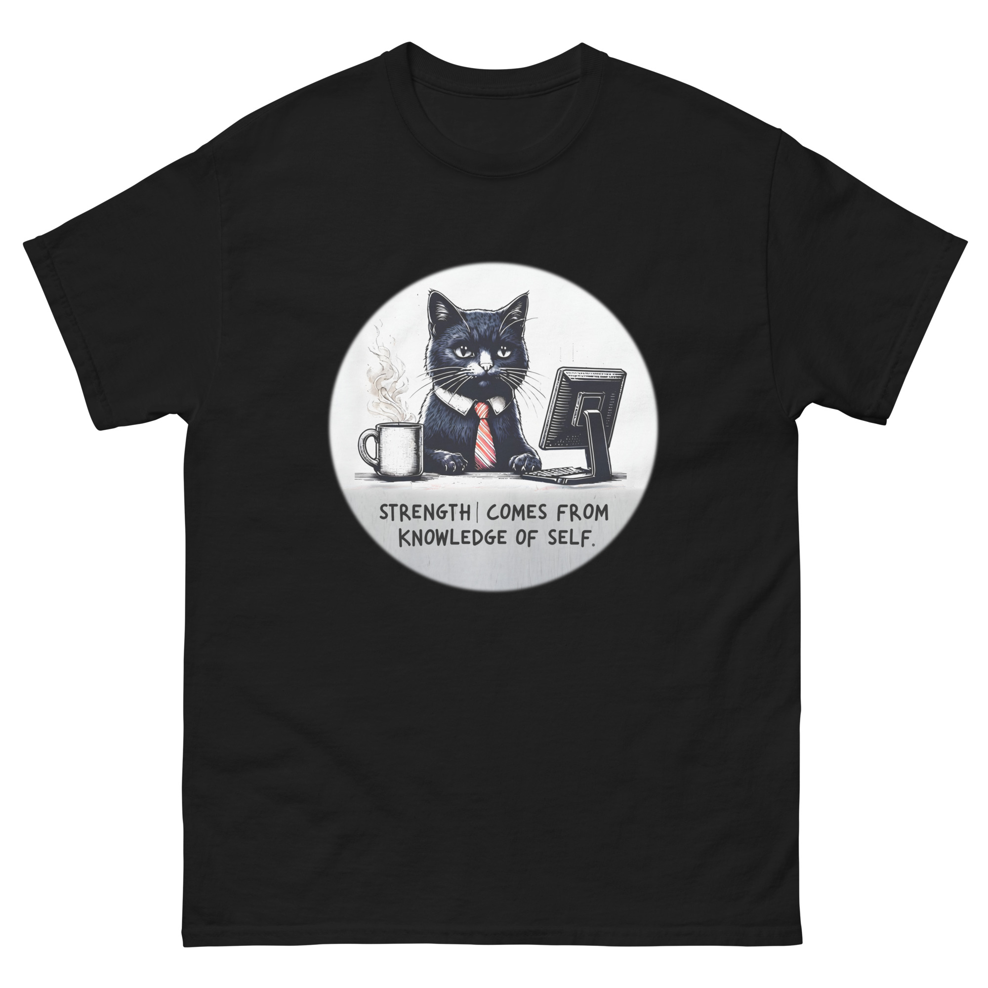 Strength Comes from Knowledge of Self – Wise Cat Philosophy T-Shirt | Unisex Motivational Office Humor Tee