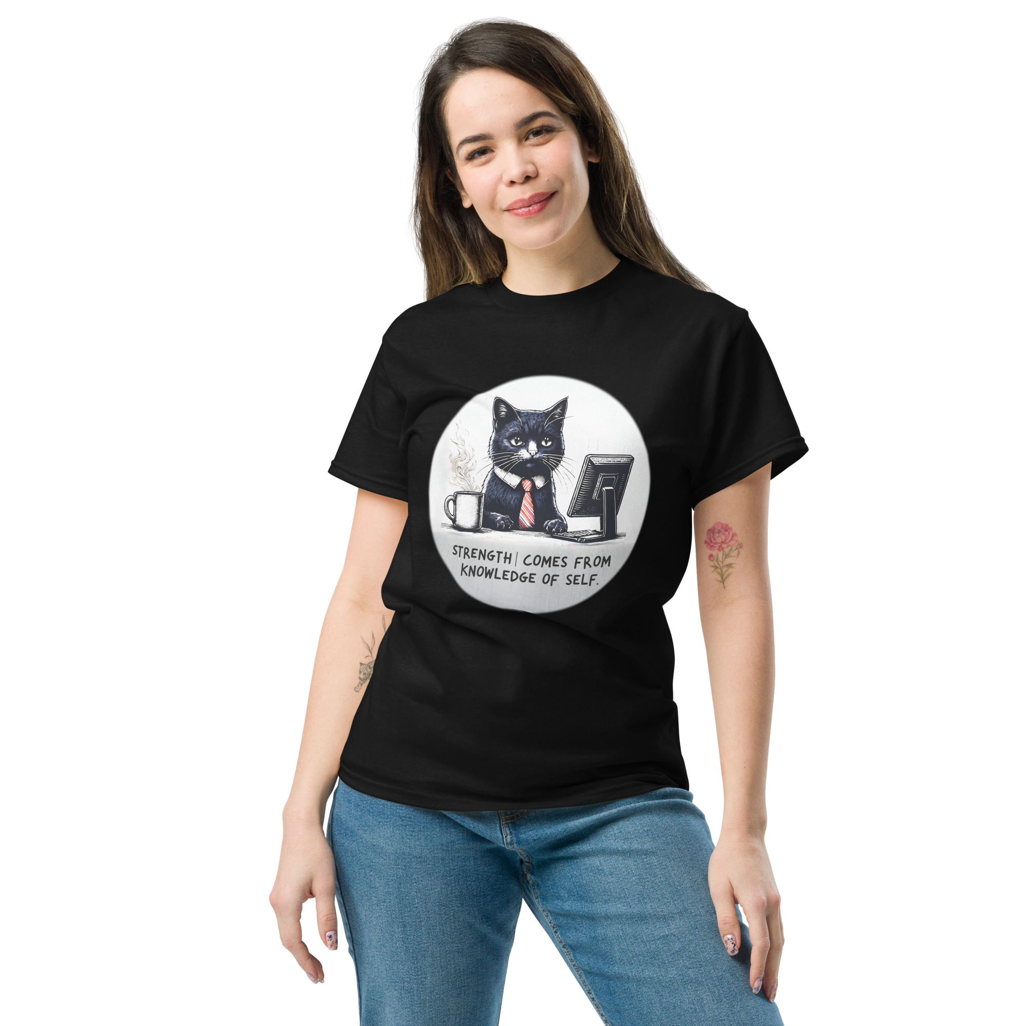 Strength Comes from Knowledge of Self – Wise Cat Philosophy T-Shirt | Unisex Motivational Office Humor Tee