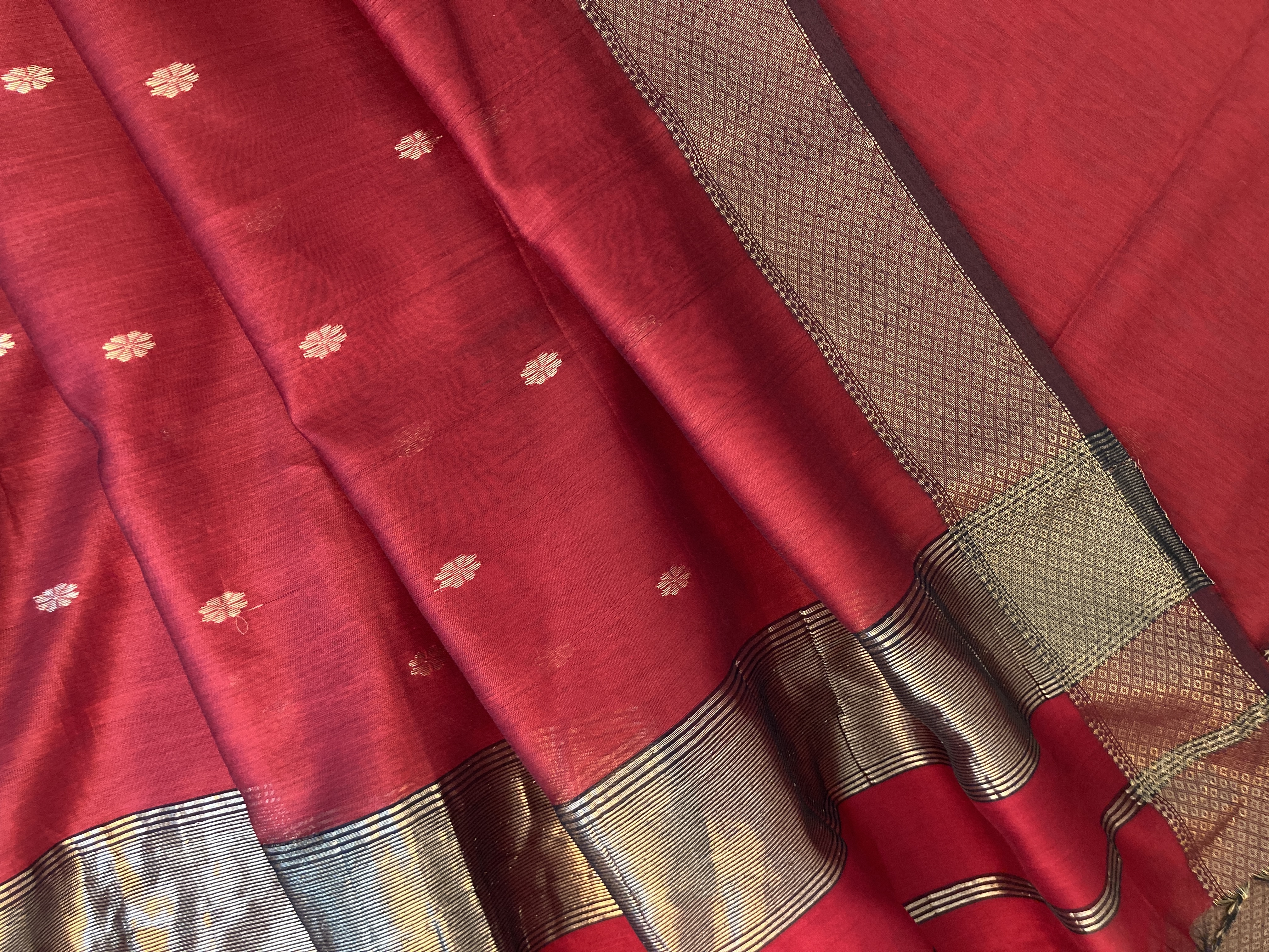 Red Maheshwari Saree with Golden Zari Border 