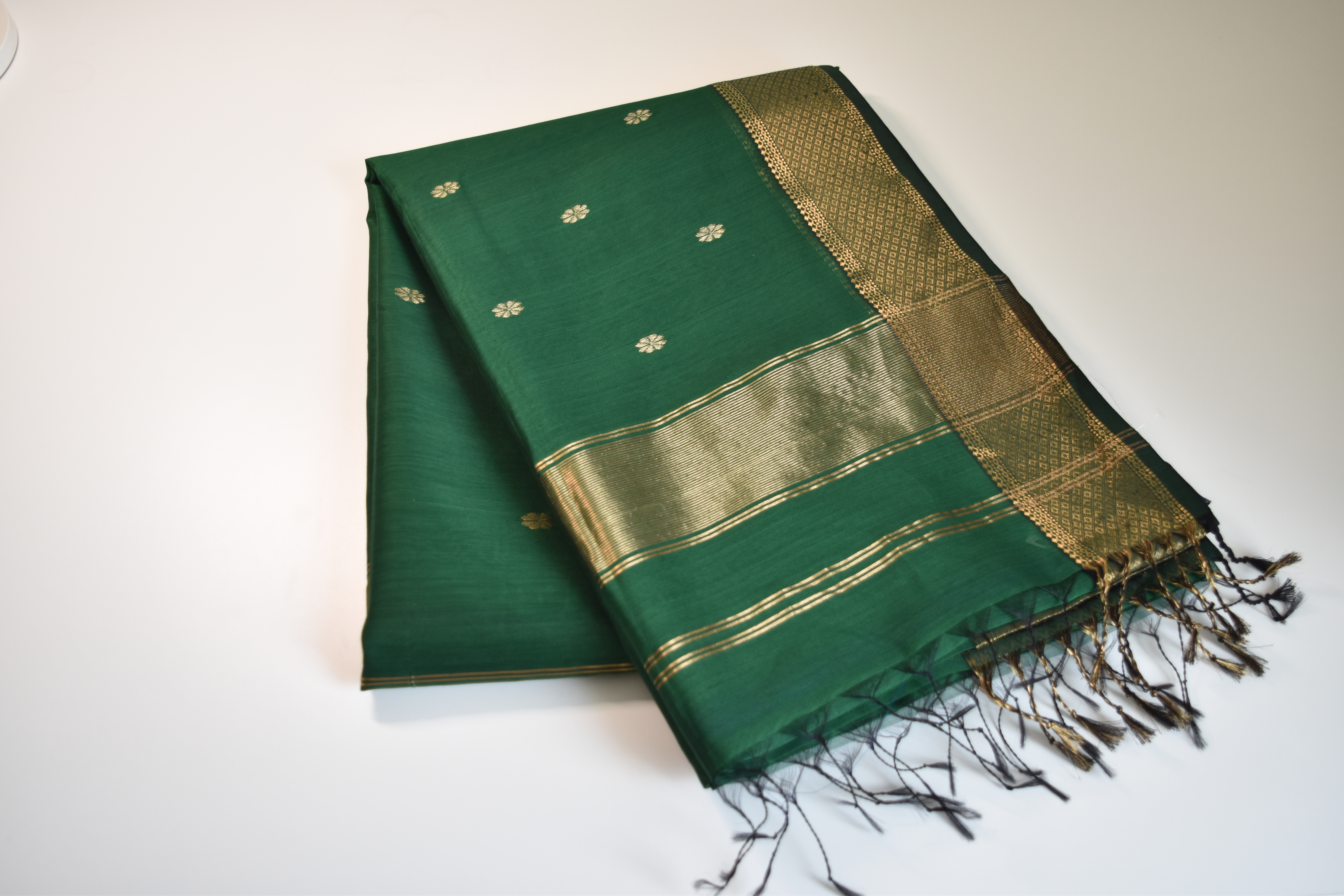Green Maheshwari Saree with Golden Zari Border 