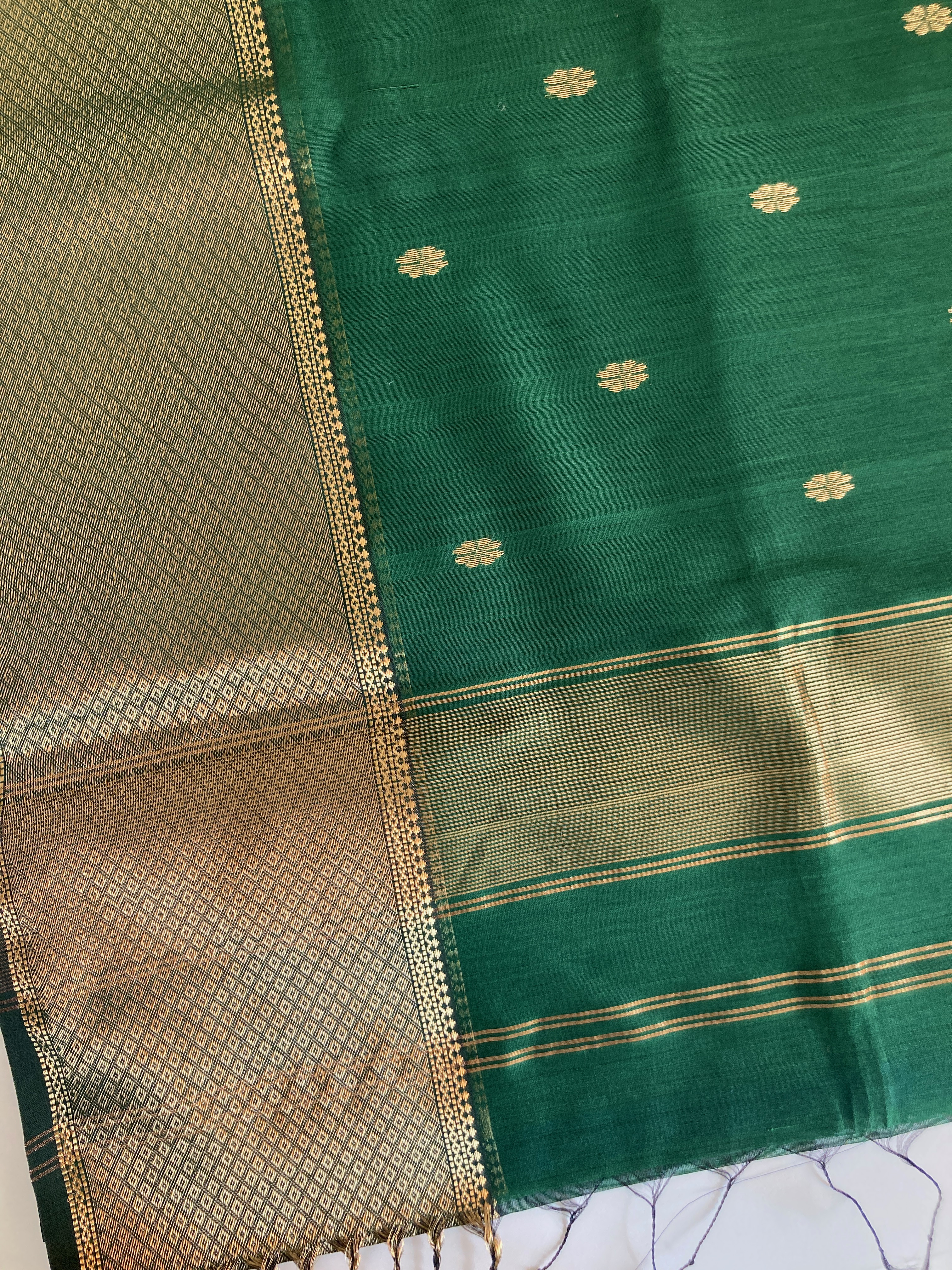 Green Maheshwari Saree with Golden Zari Border