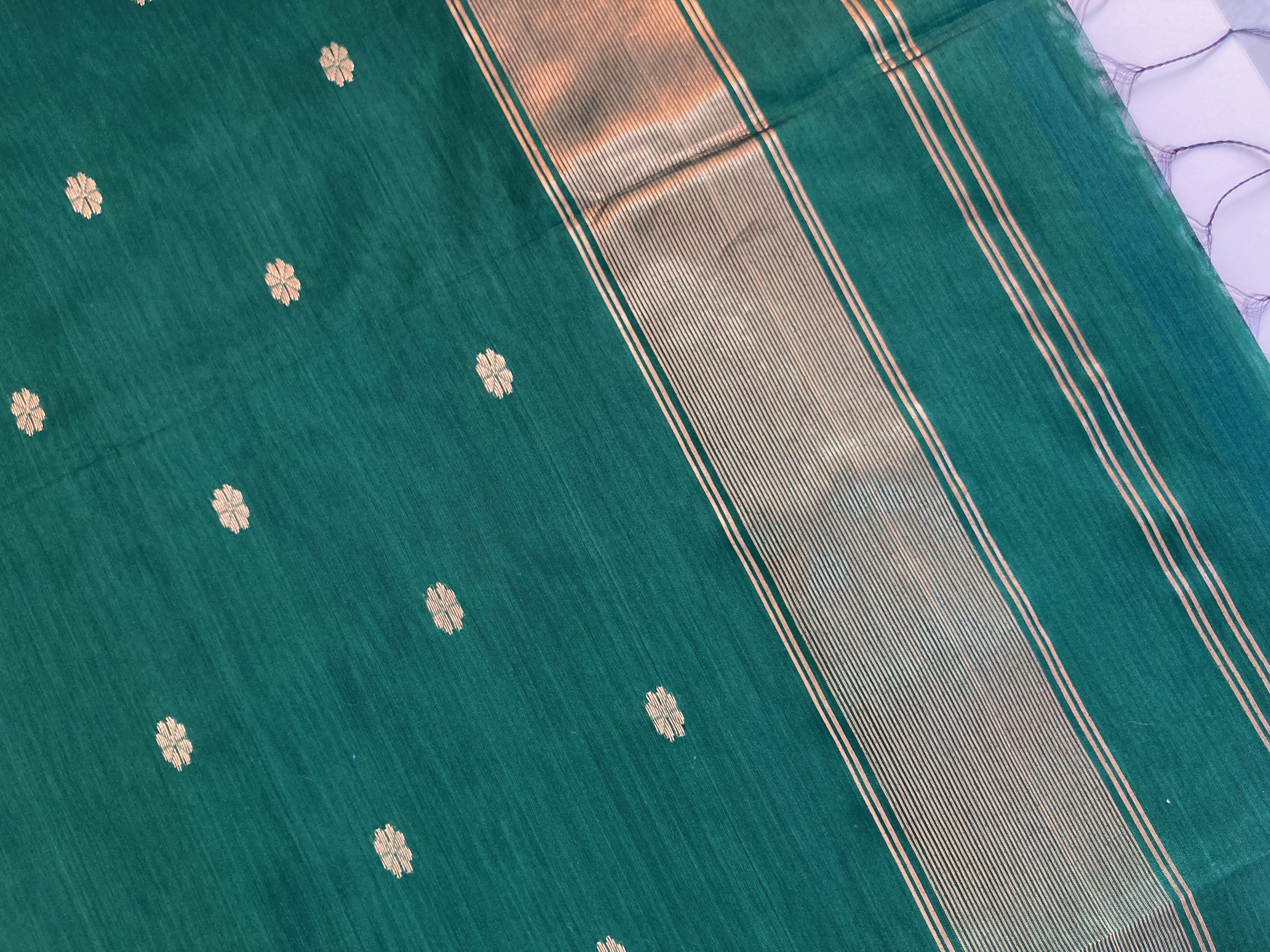 Green Maheshwari Saree with Golden Zari Border 