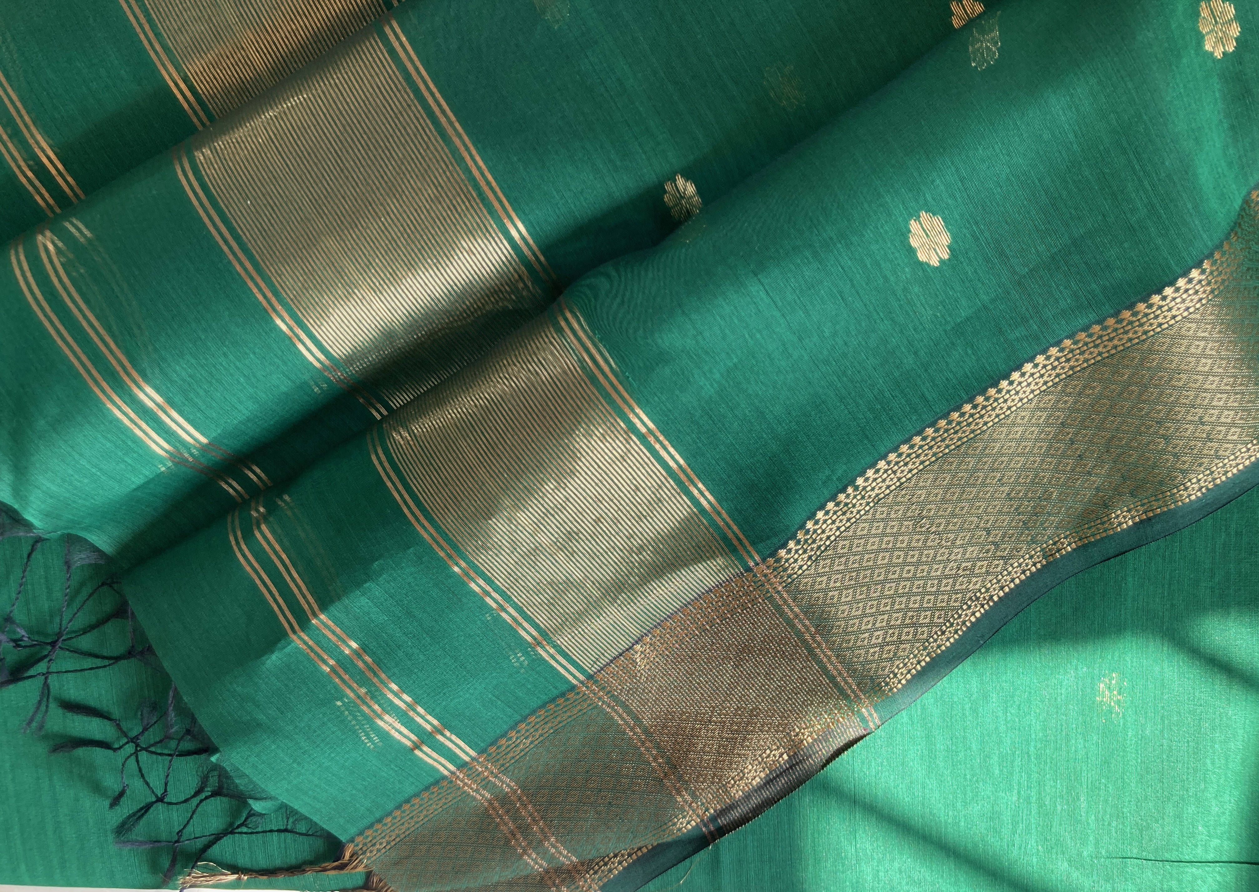 Green Maheshwari Saree with Golden Zari Border 