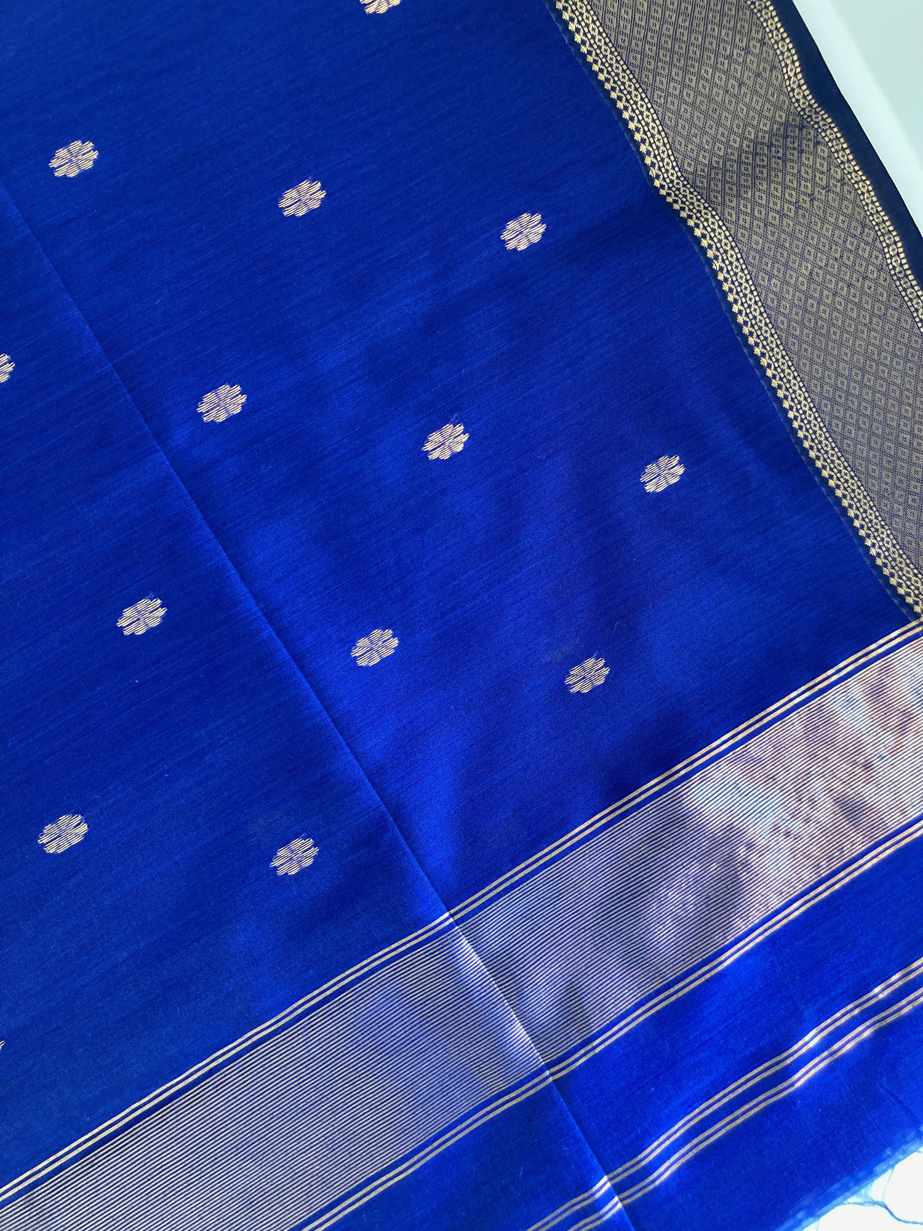 Royal Blue Maheshwari Saree with Golden Zari Border 