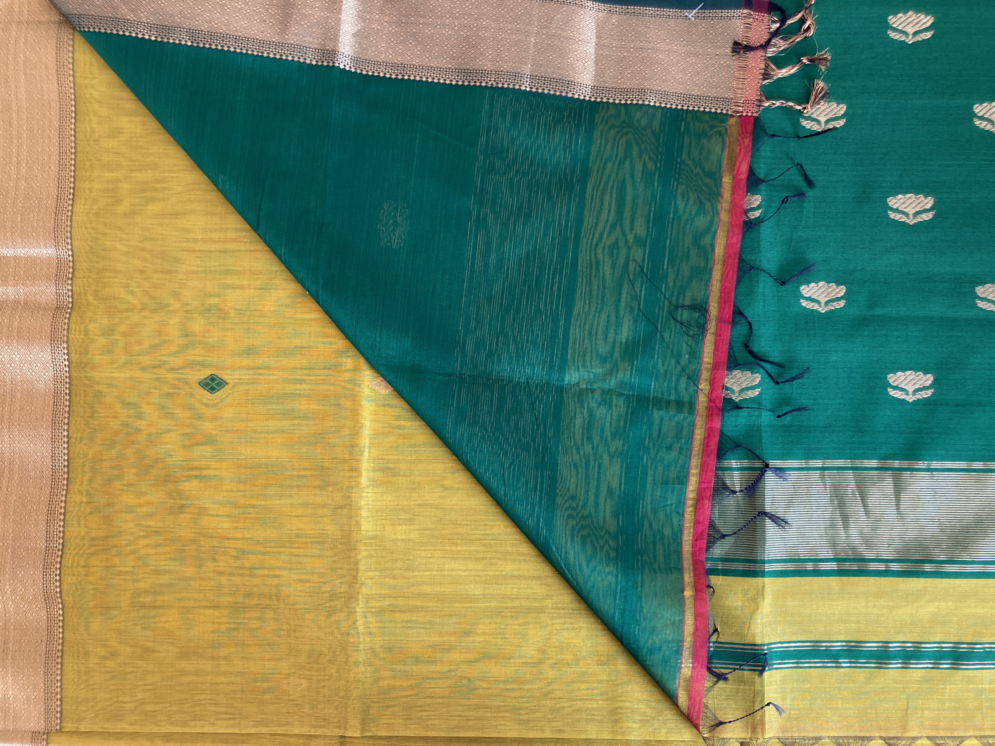 Olive Yellow and Teal Maheshwari Saree