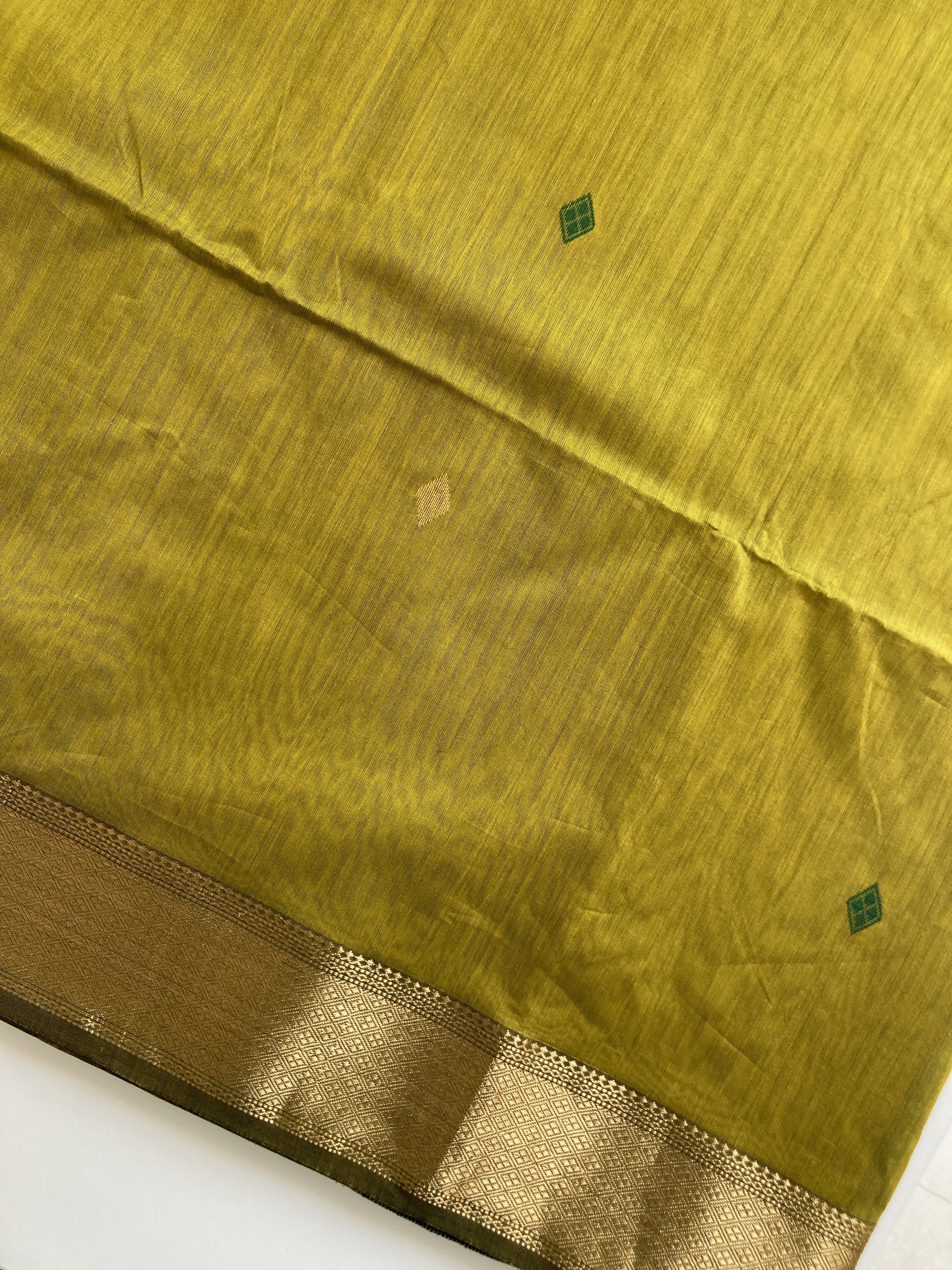 Olive Yellow and Teal Maheshwari Saree