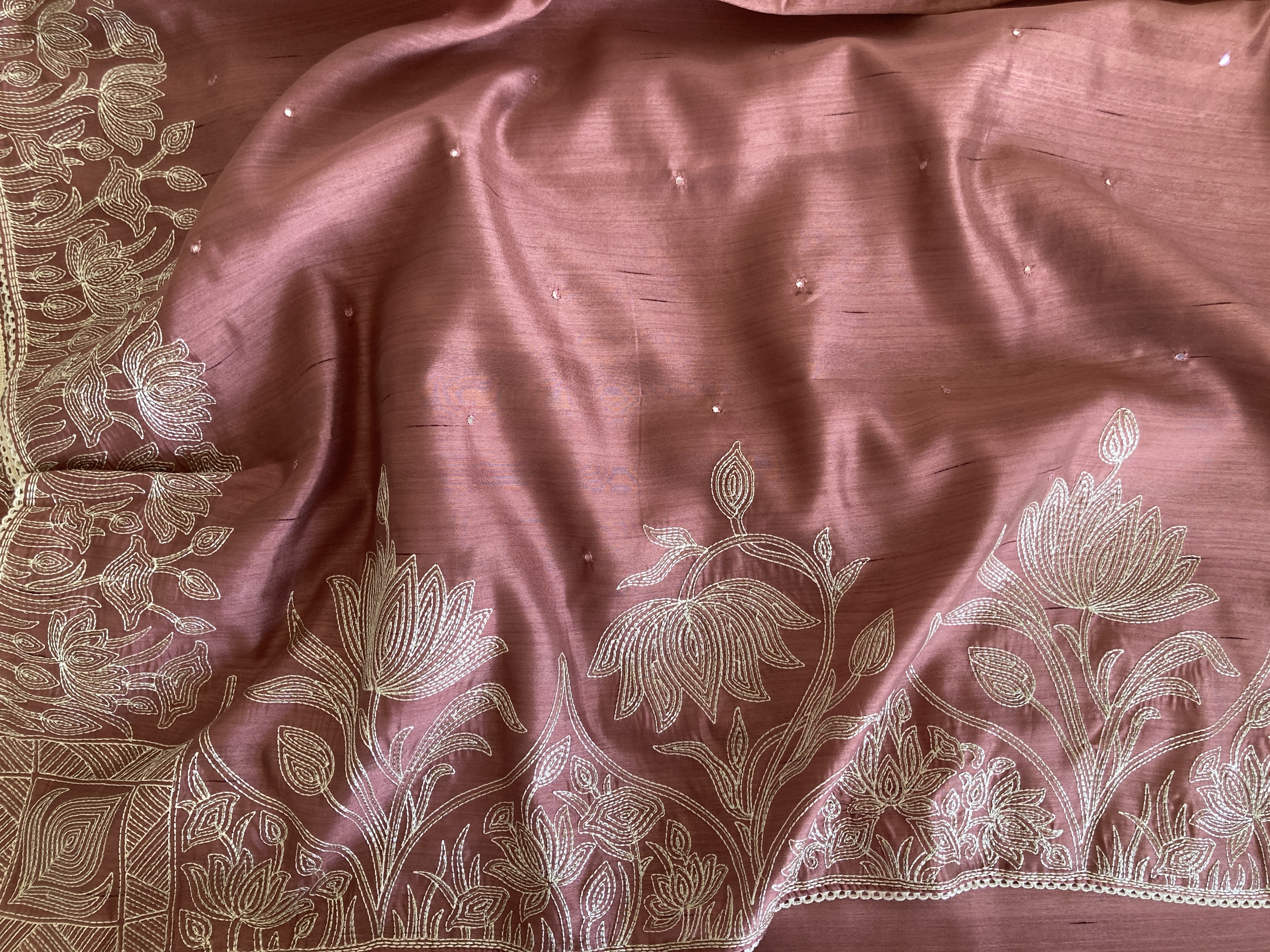 Onion Pink Semi Tussar Kantha Embroidery Saree