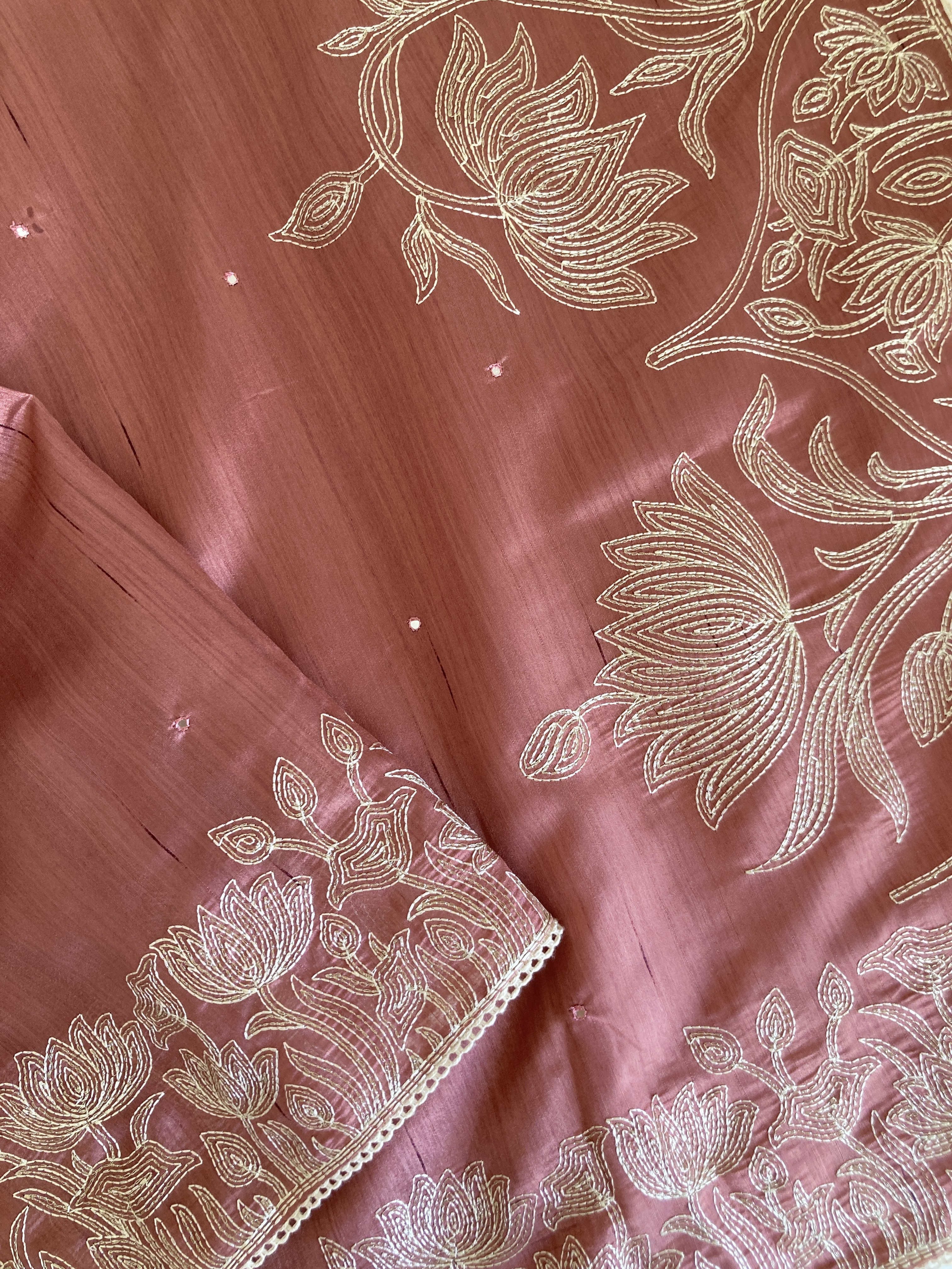 Onion Pink Semi Tussar Kantha Embroidery Saree