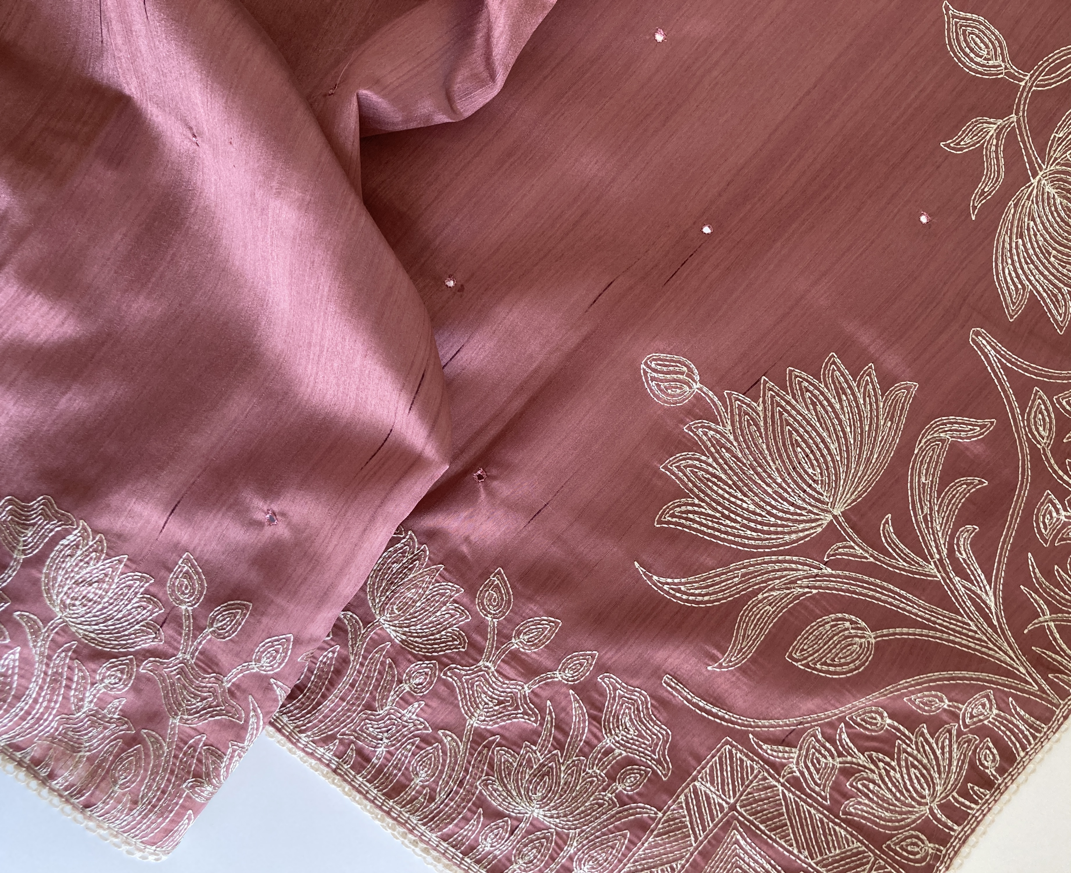 Onion Pink Semi Tussar Kantha Embroidery Saree