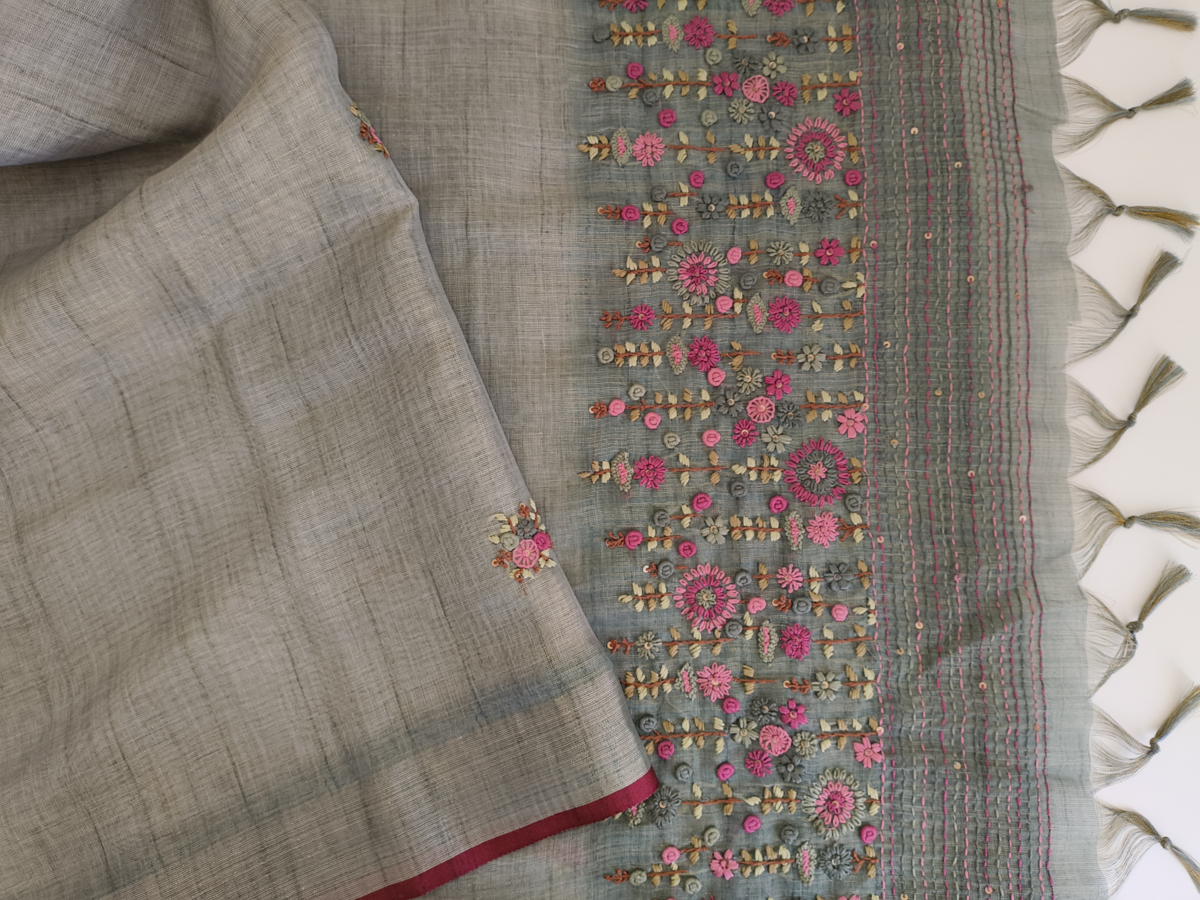 Tissue Linen Hand Embroidered Saree