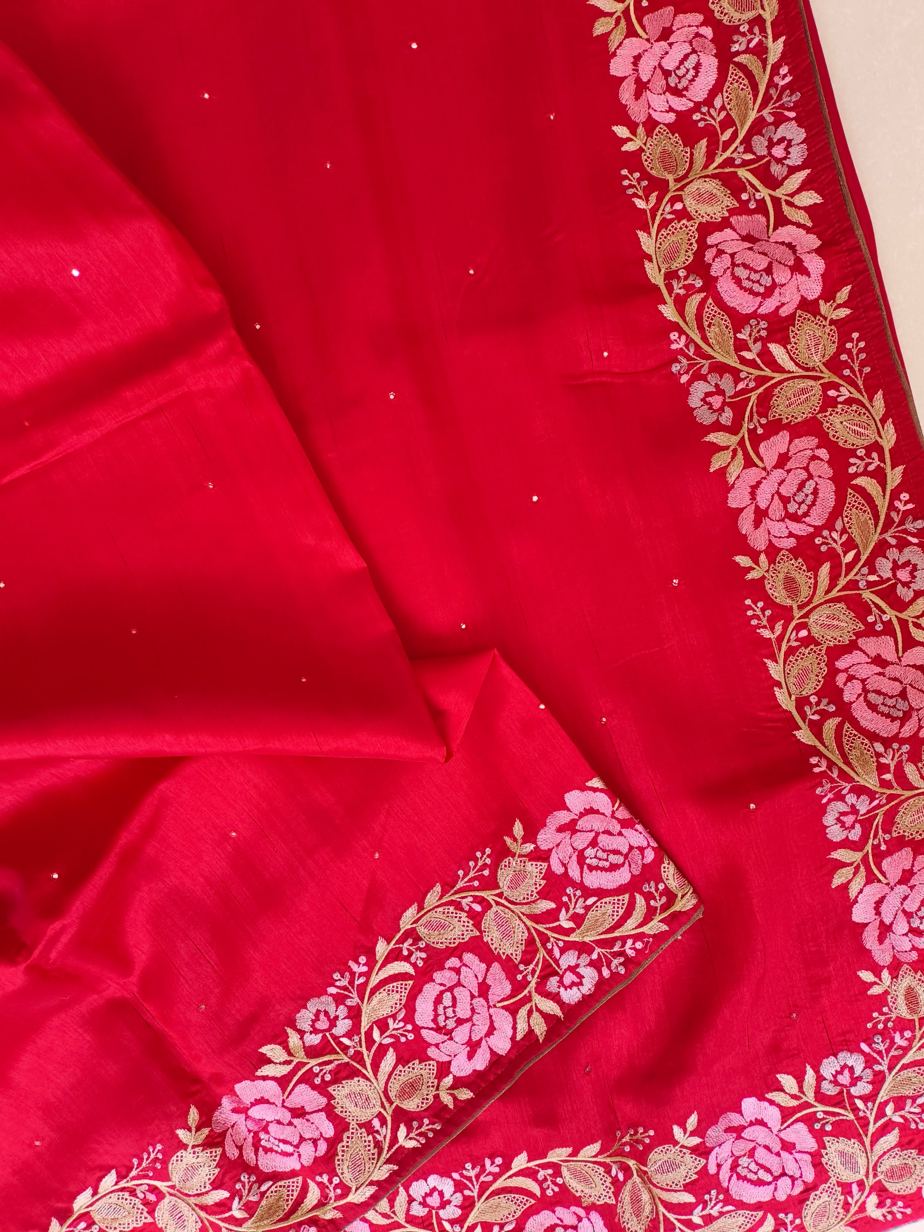Red Semi Tussar Silk Embroidered Saree