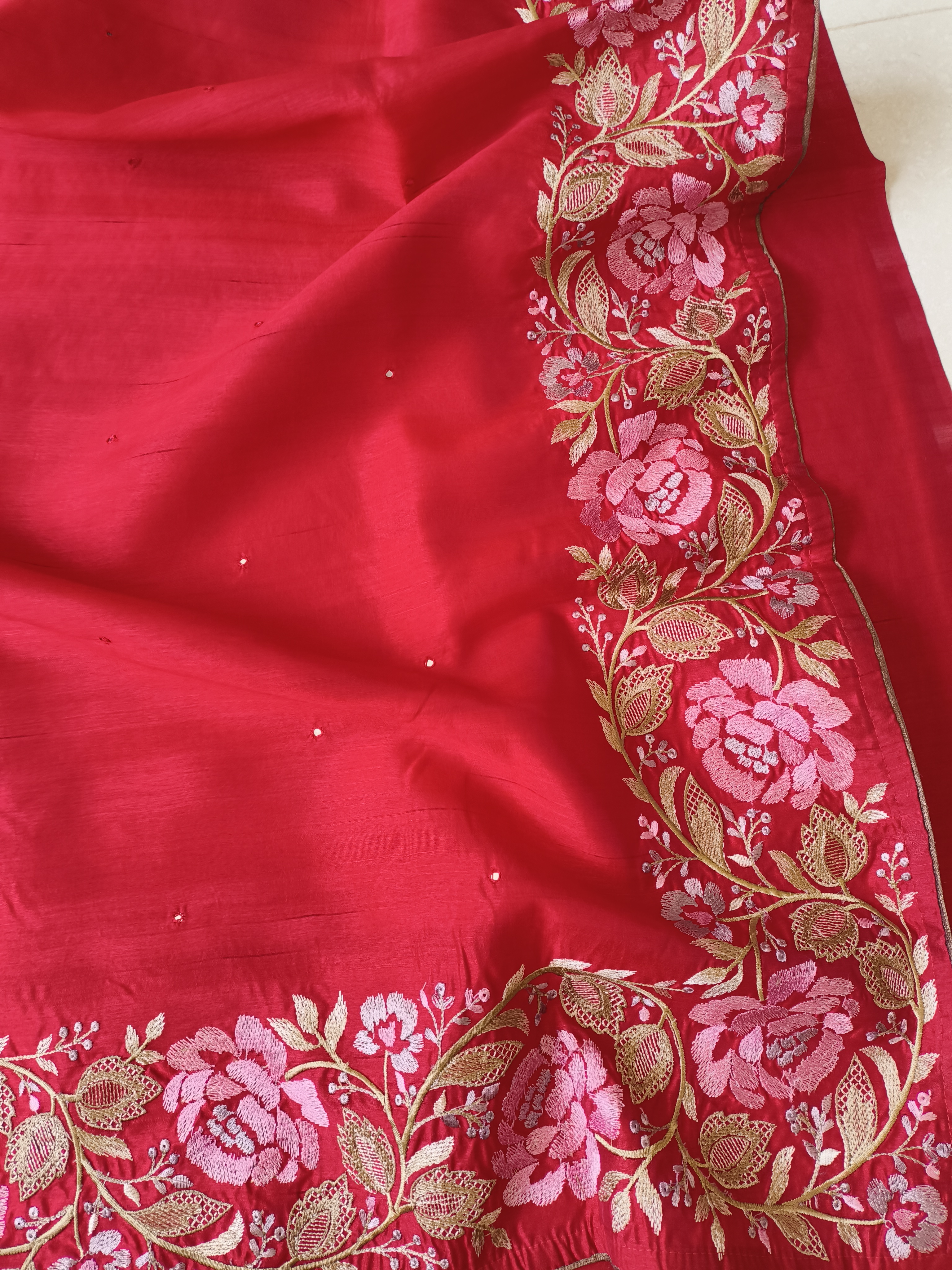 Red Semi Tussar Silk Embroidered Saree
