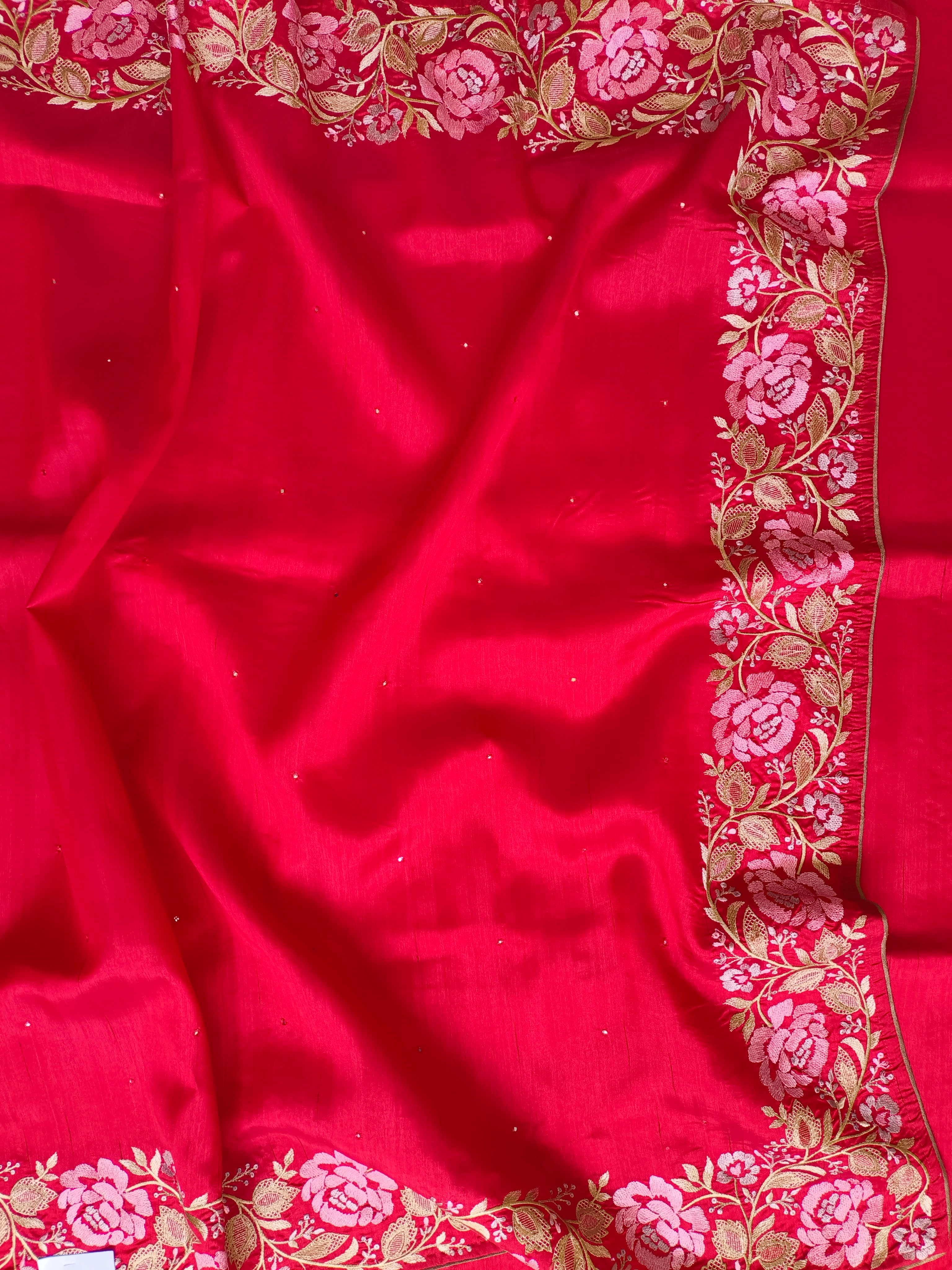 Red Semi Tussar Silk Embroidered Saree