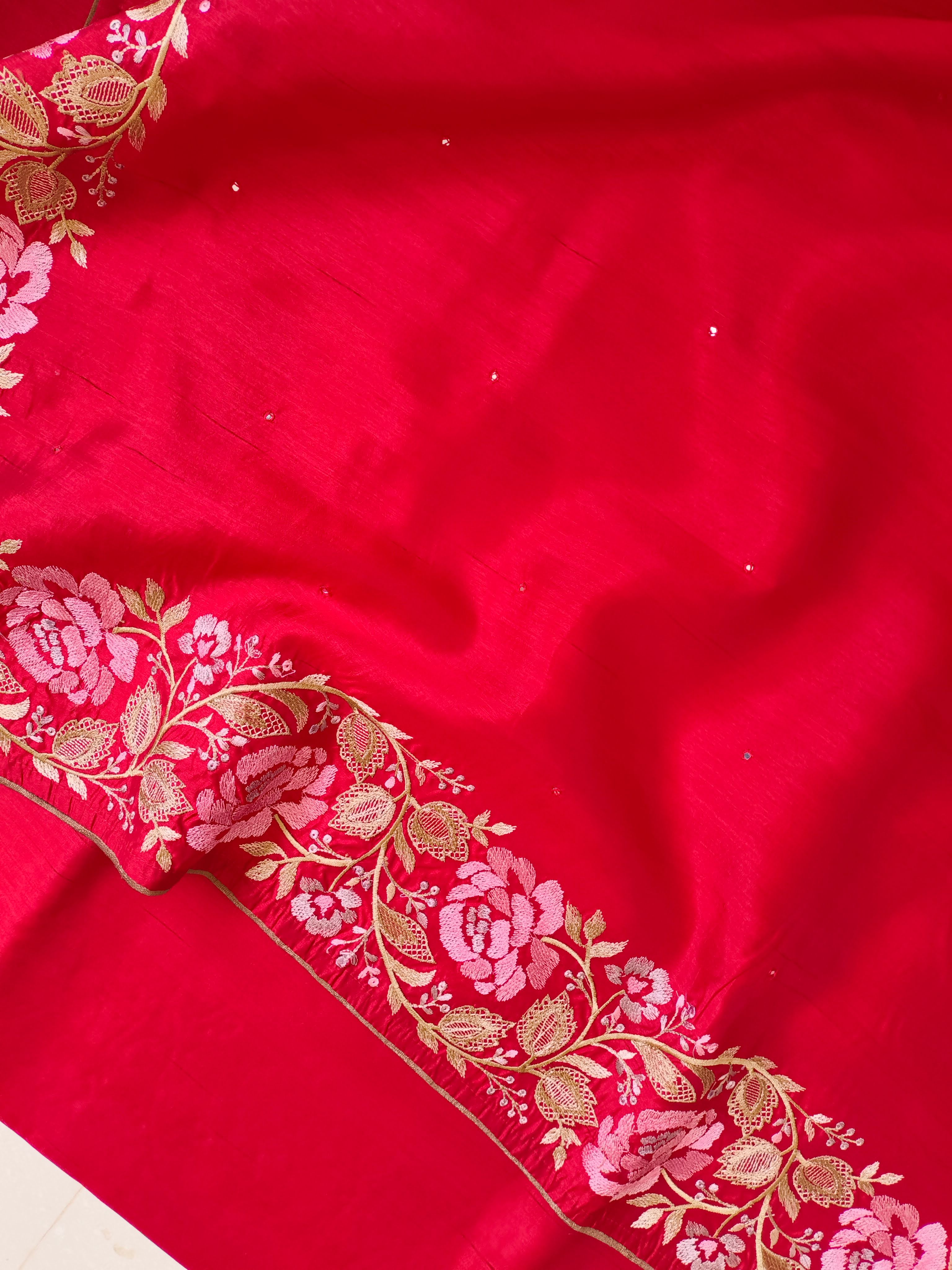 Red Semi Tussar Silk Embroidered Saree