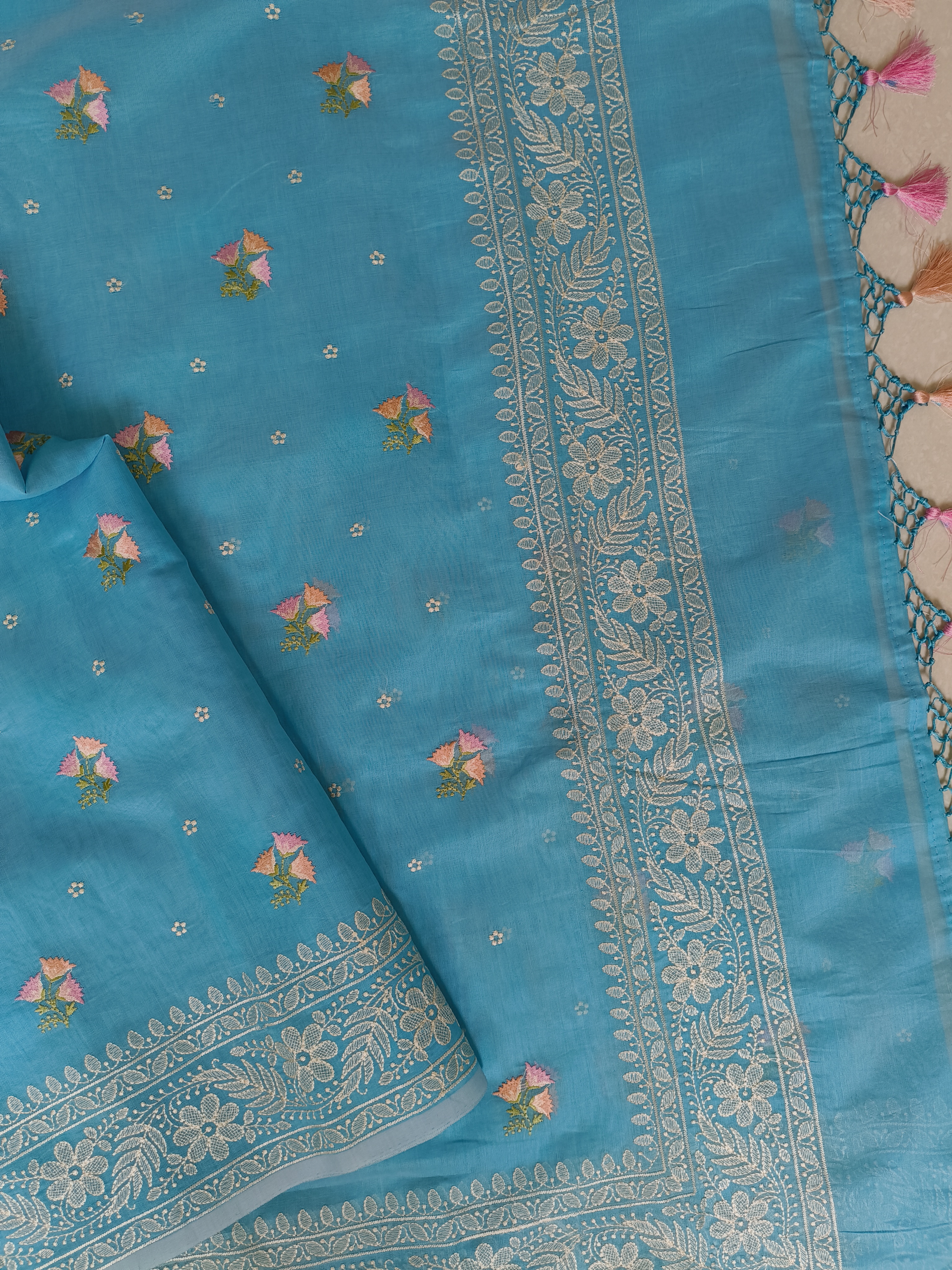 Sky Blue Chanderi Saree with Machine Chikankari Embroidery