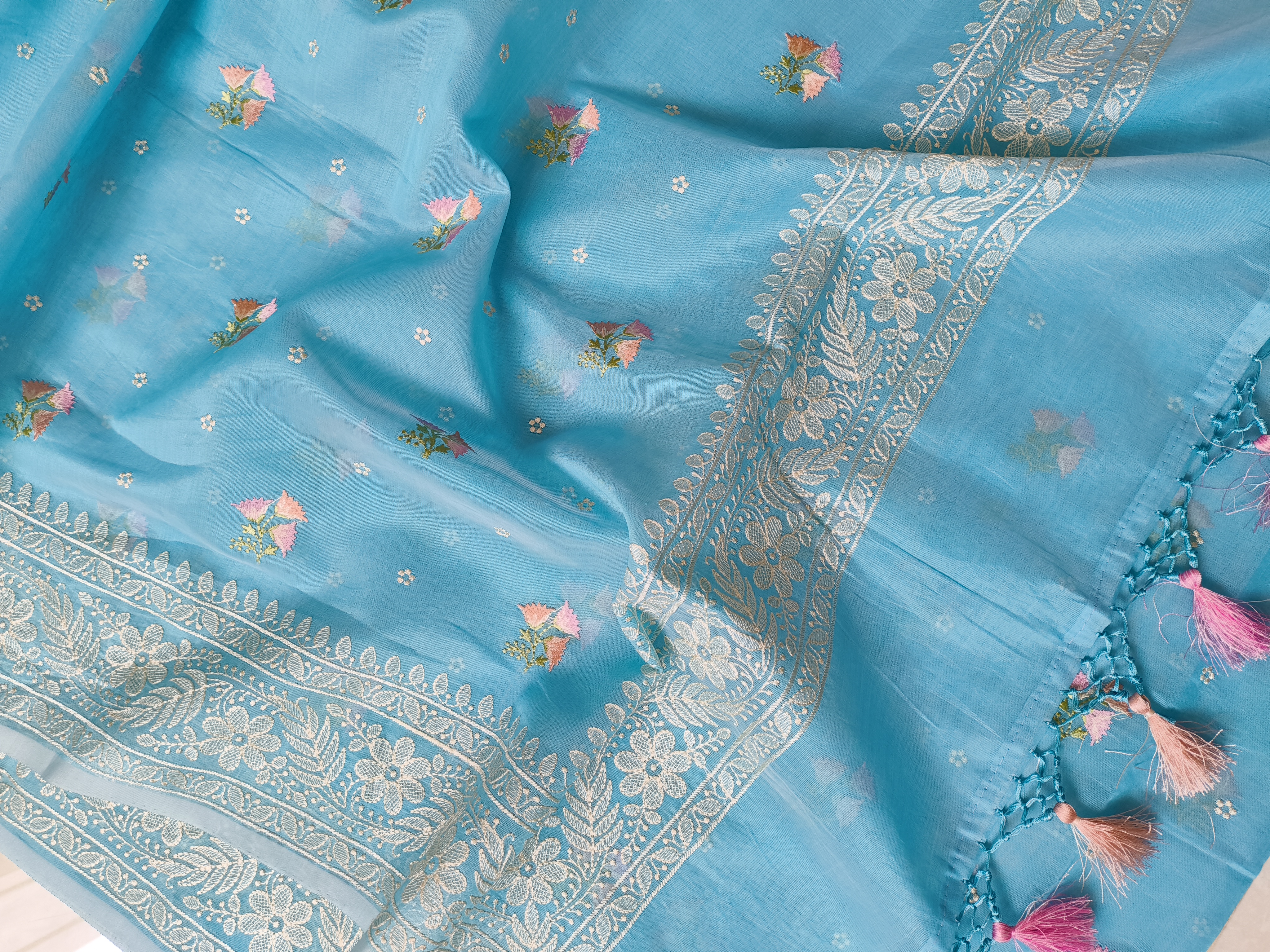 Sky Blue Chanderi Saree with Machine Chikankari Embroidery