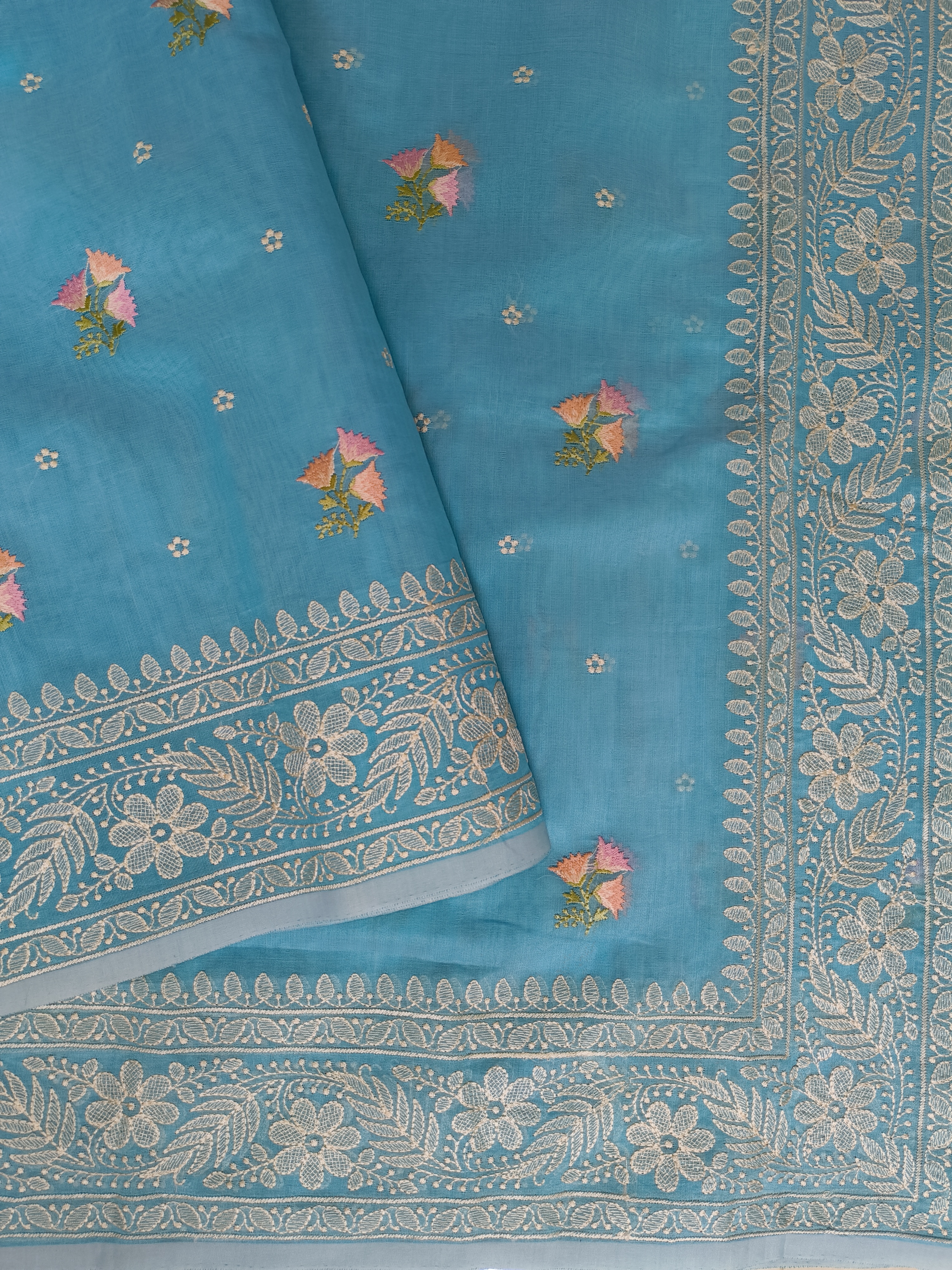 Sky Blue Chanderi Saree with Machine Chikankari Embroidery