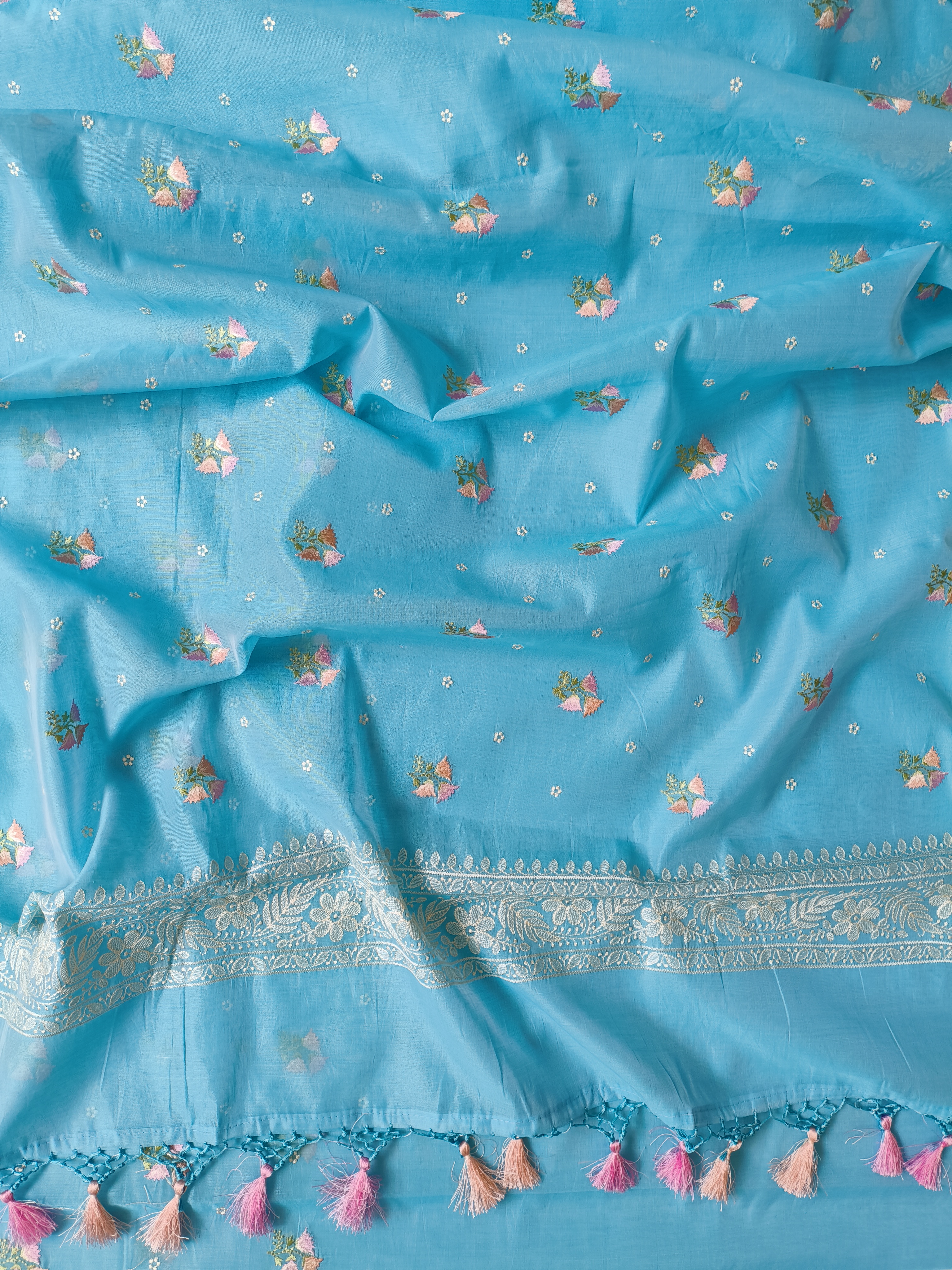 Sky Blue Chanderi Saree with Machine Chikankari Embroidery