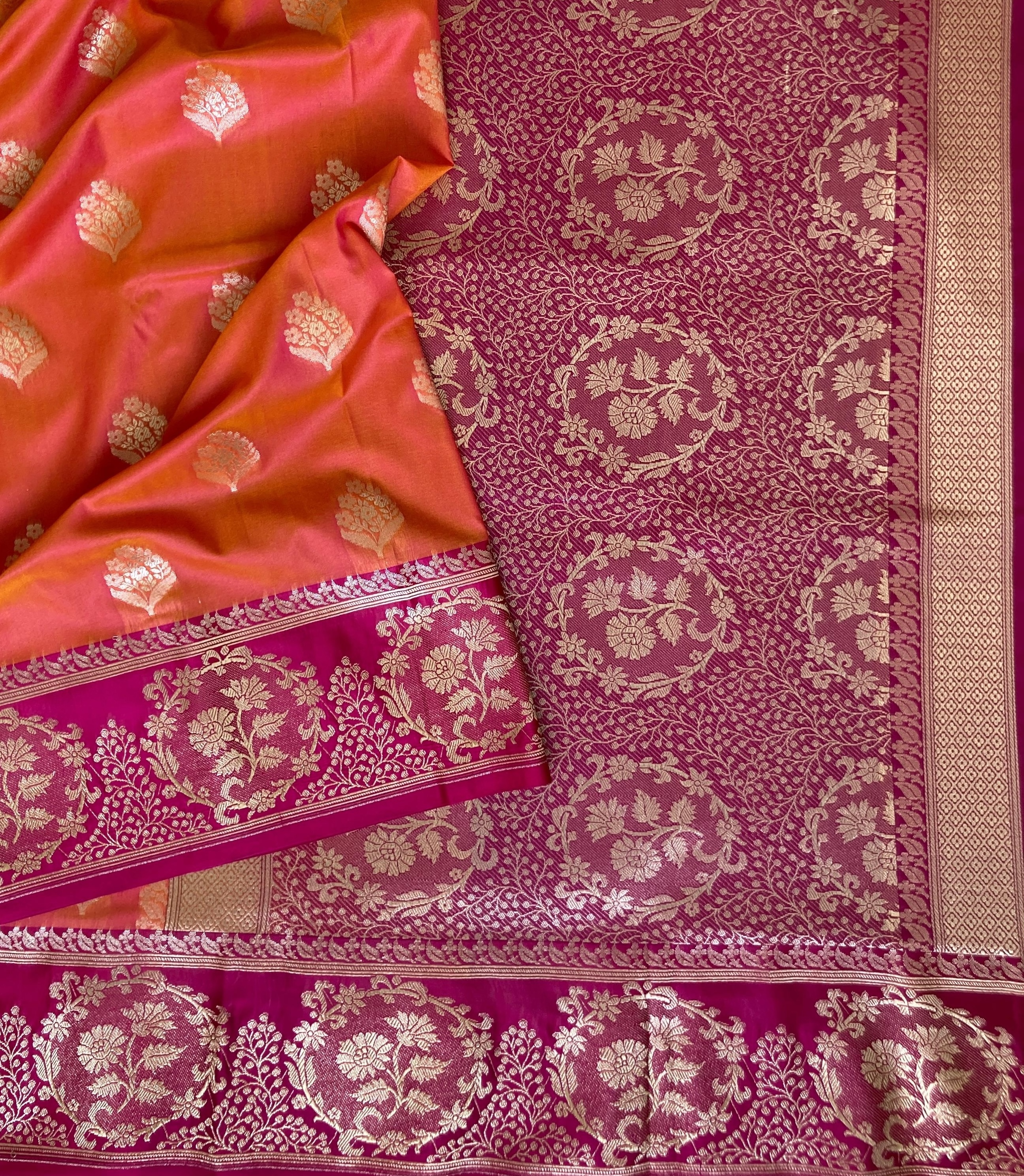 Rani Pink & Orange Semi Katan Banarasi Silk Saree