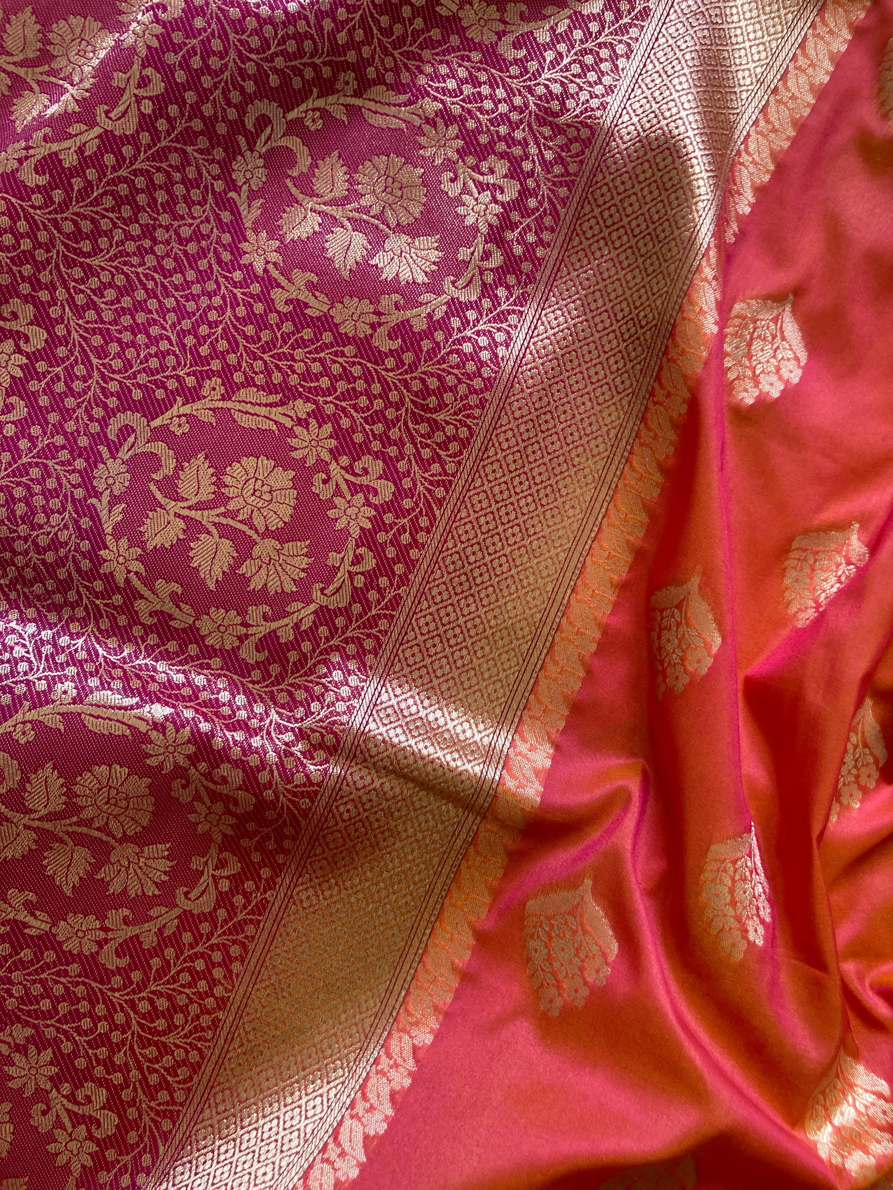 Rani Pink & Orange Semi Katan Banarasi Silk Saree