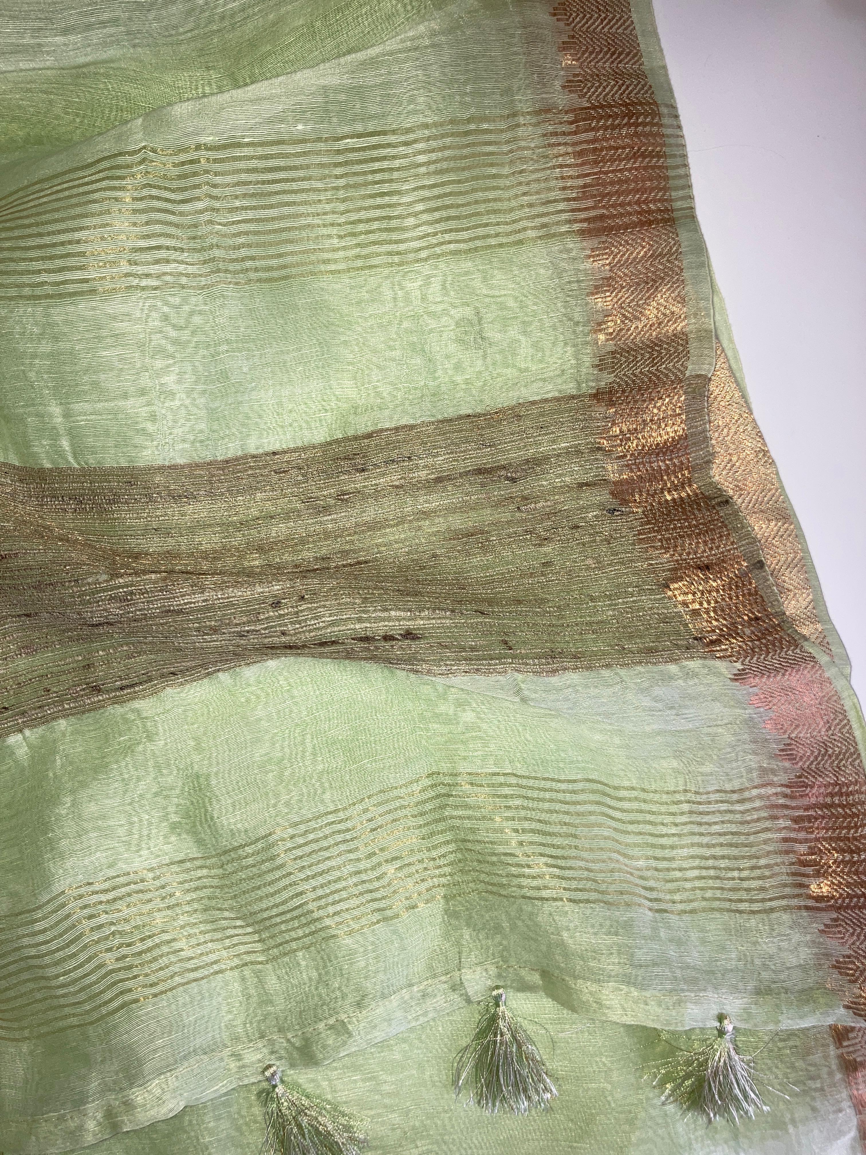  Pistachio Green Pure Linen Handloom Saree