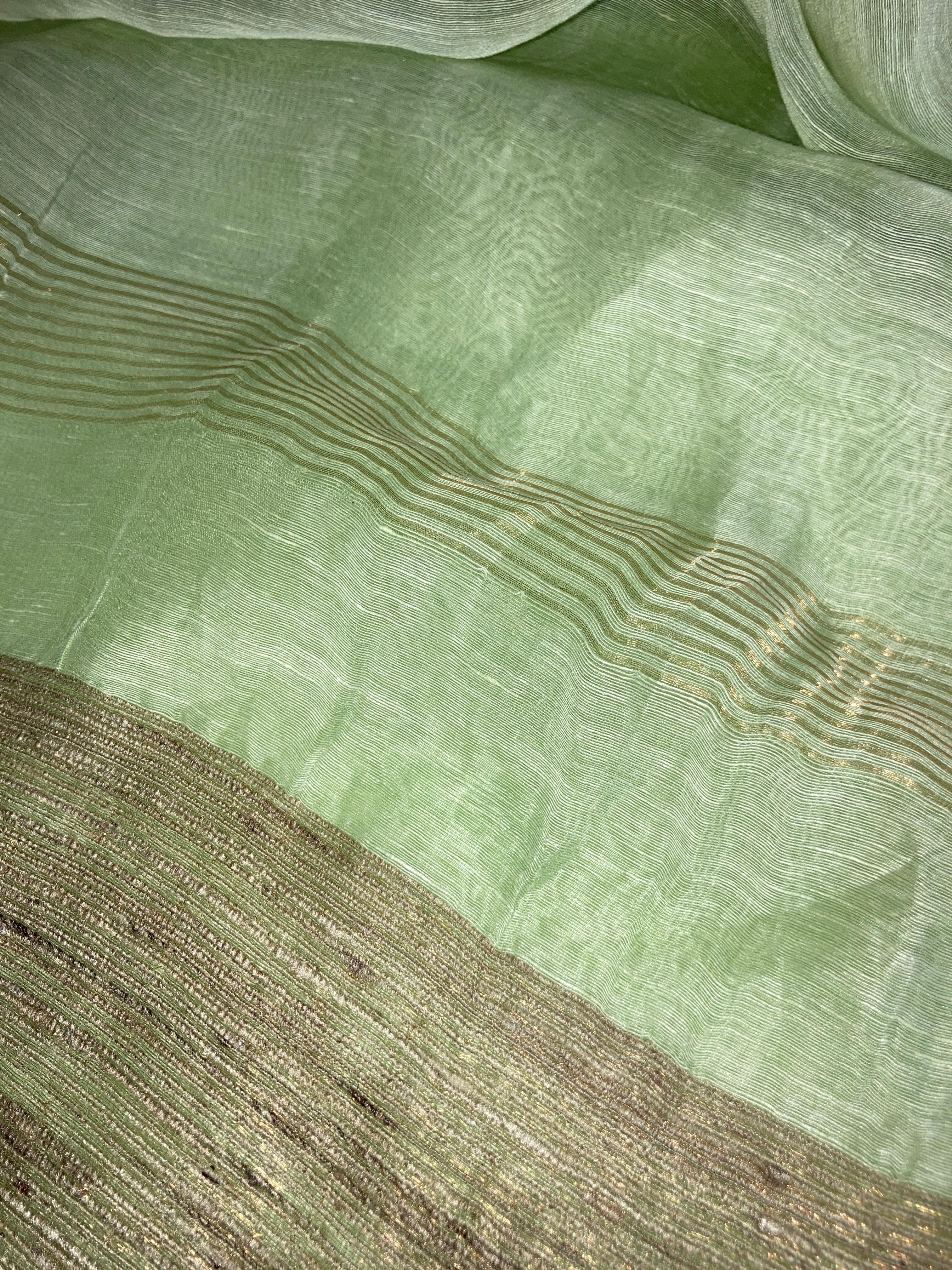  Pistachio Green Pure Linen Handloom Saree