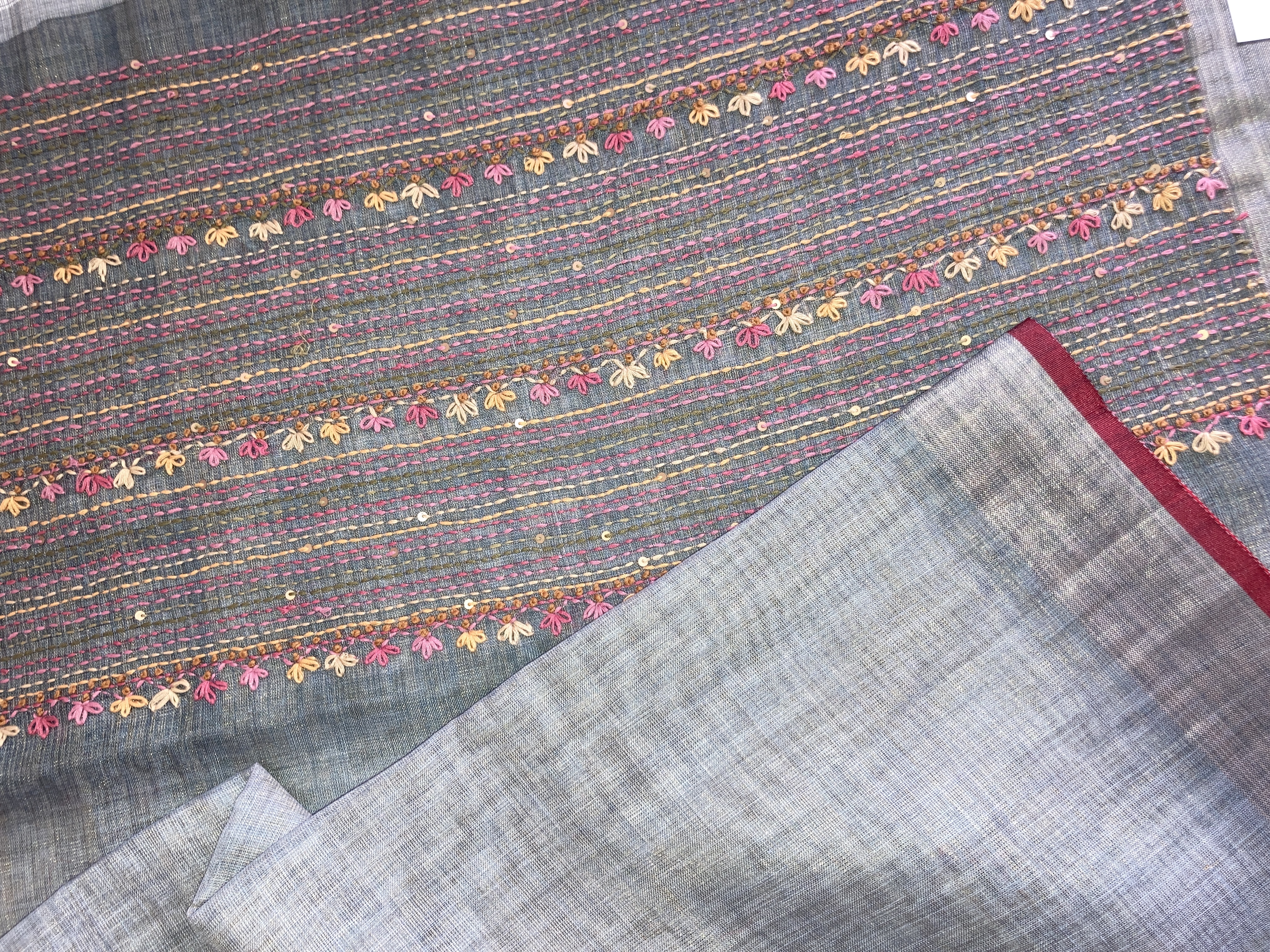 Grey Tissue Linen Hand Embroidered Saree