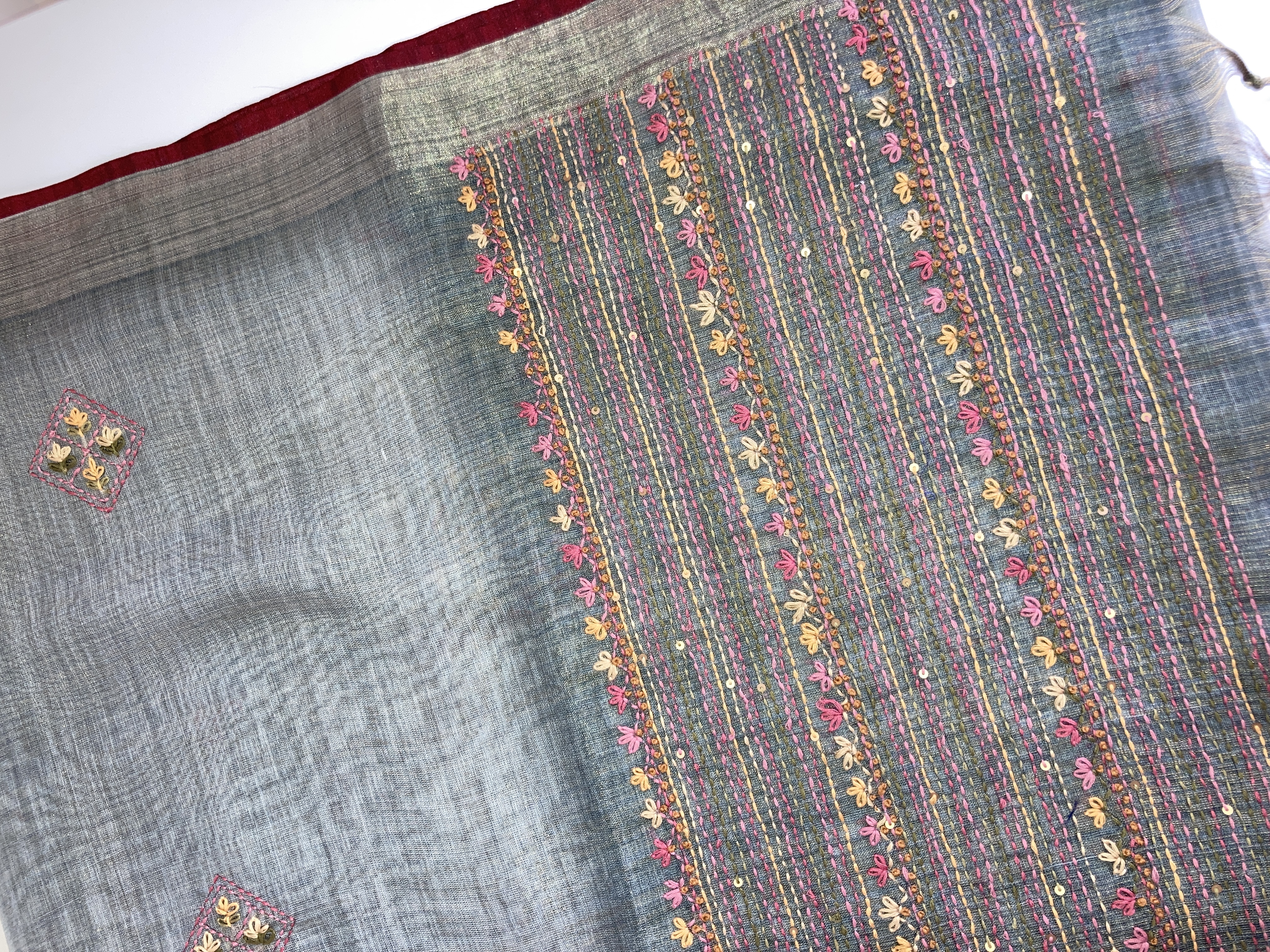 Grey Tissue Linen Hand Embroidered Saree