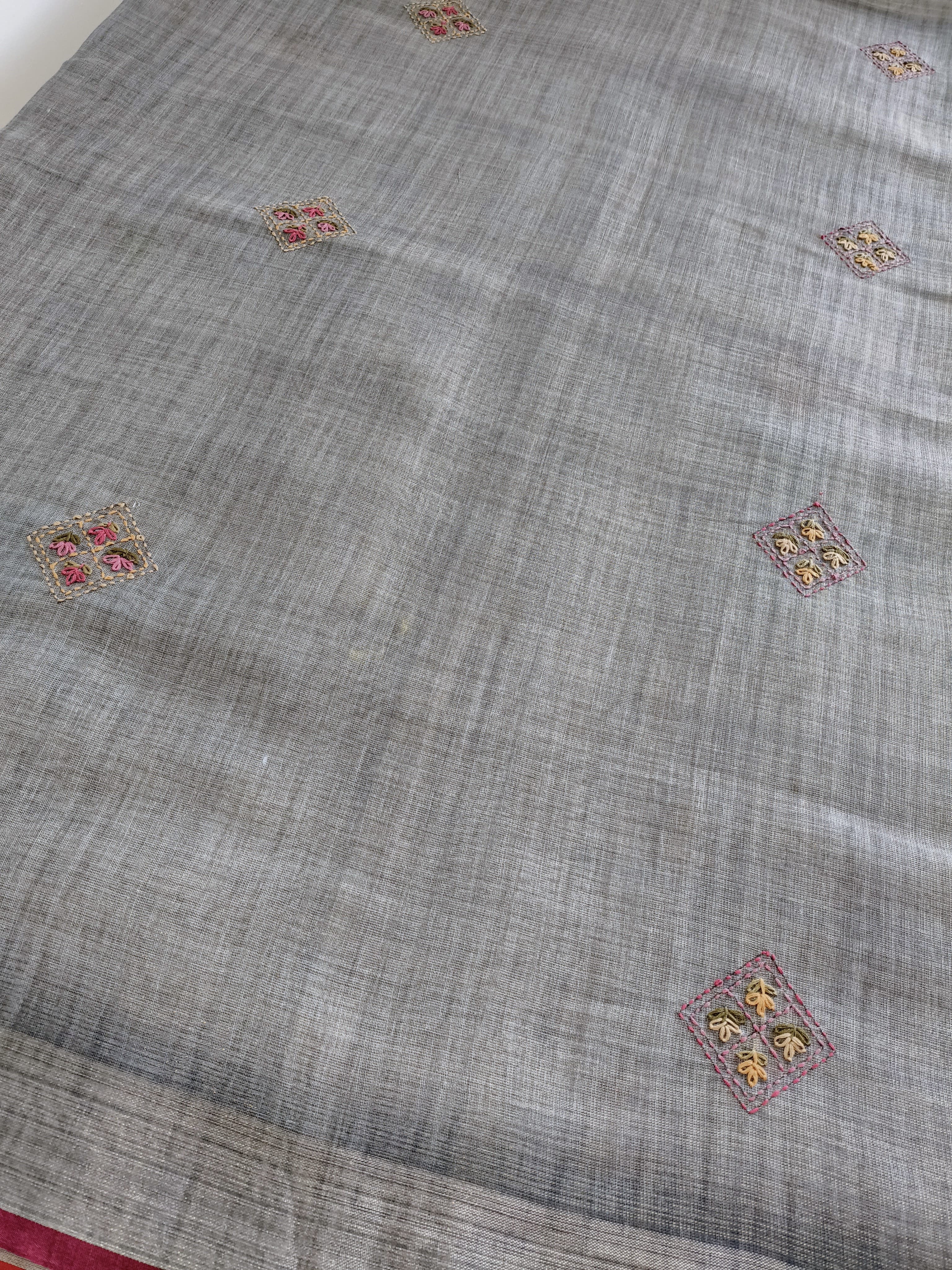Grey Tissue Linen Hand Embroidered Saree