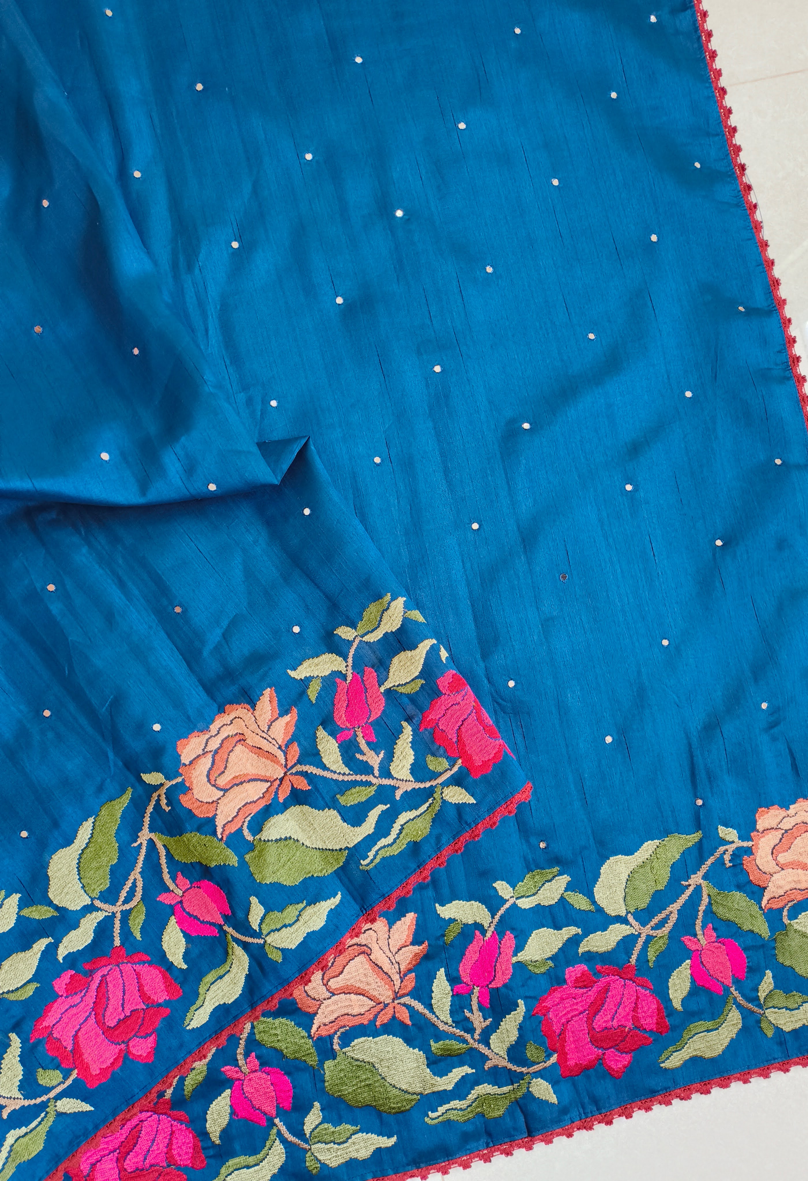 Teal Blue Semi Tussar Silk Embroidered Saree
