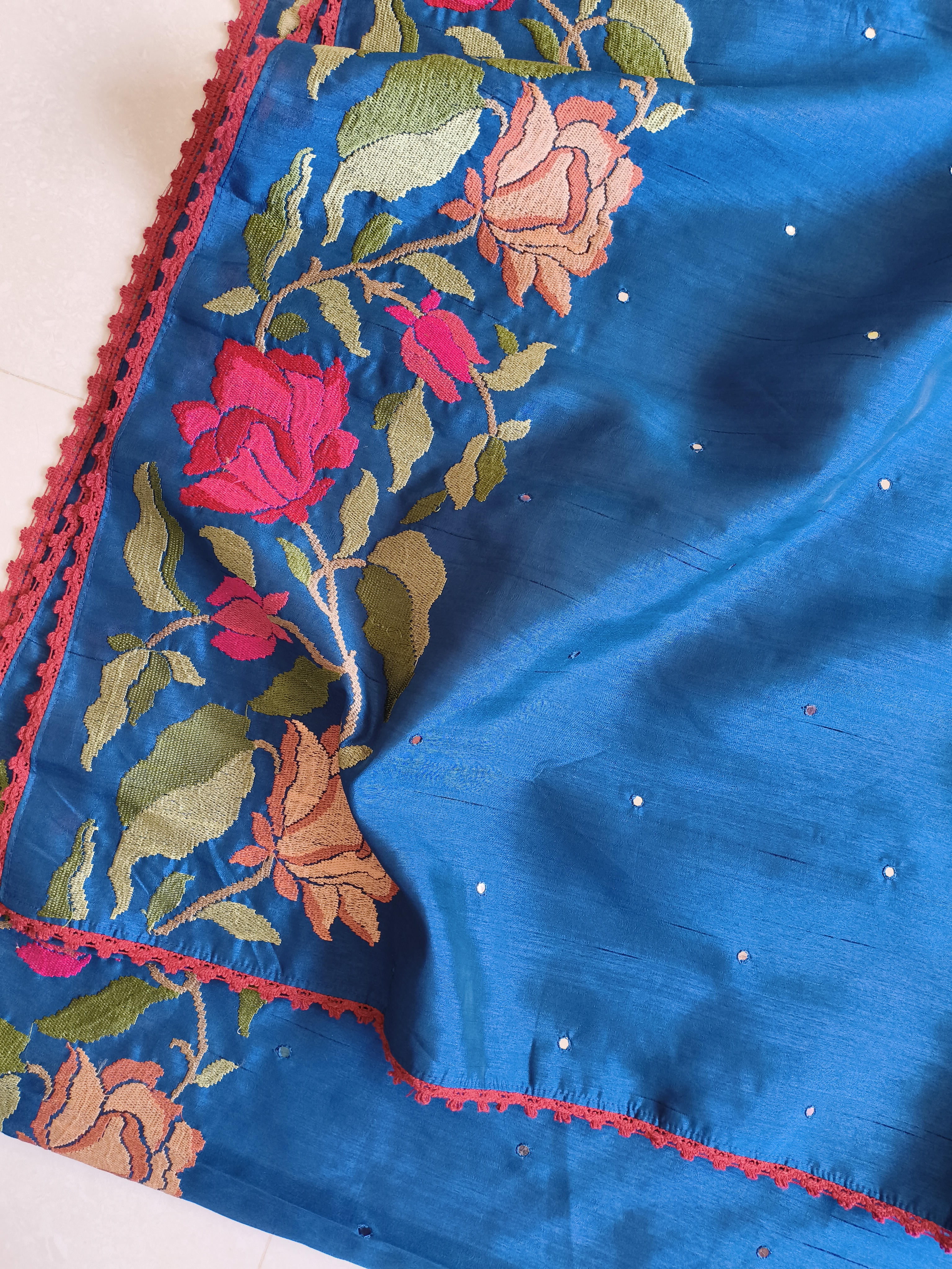 Teal Blue Semi Tussar Silk Embroidered Saree