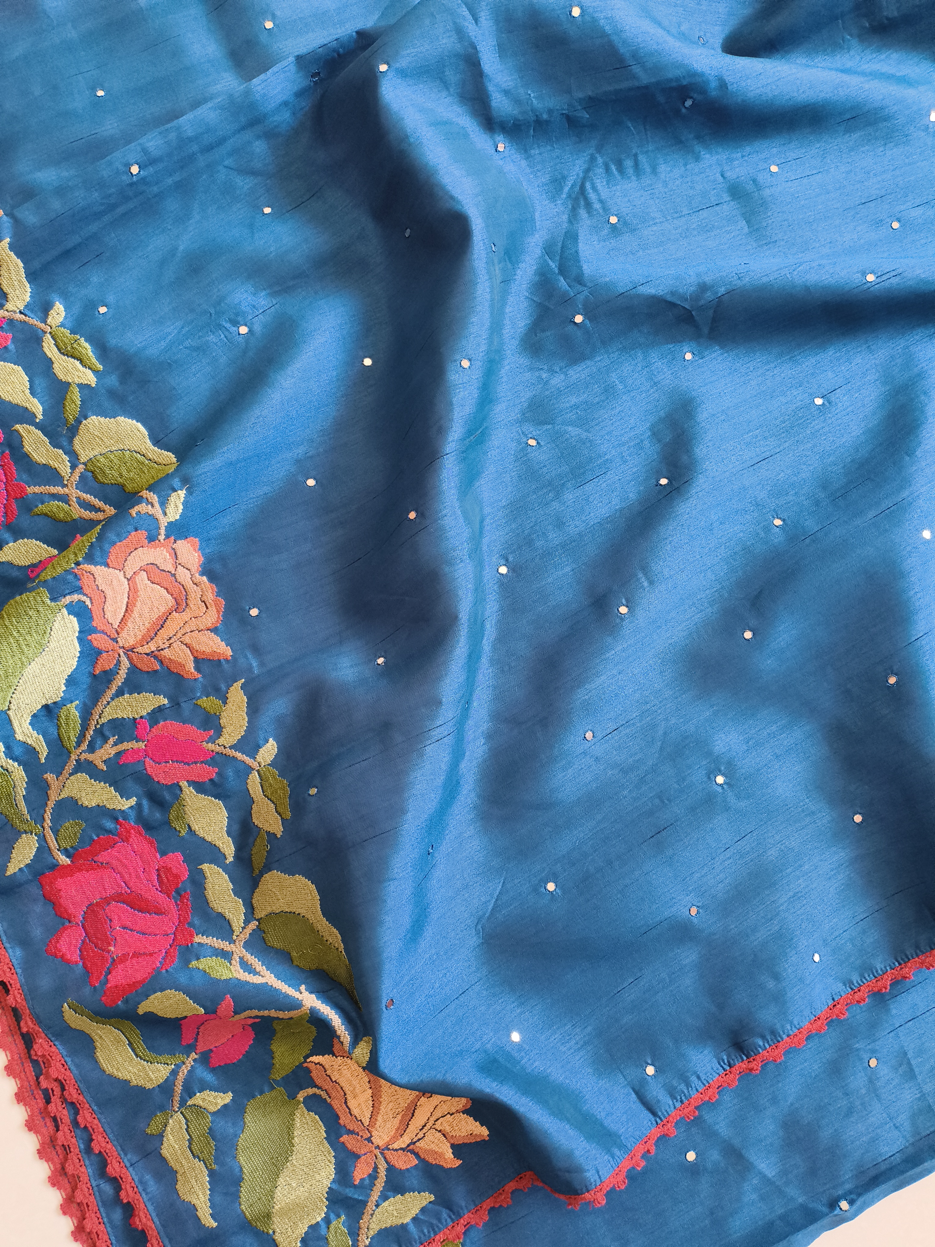 Teal Blue Semi Tussar Silk Embroidered Saree