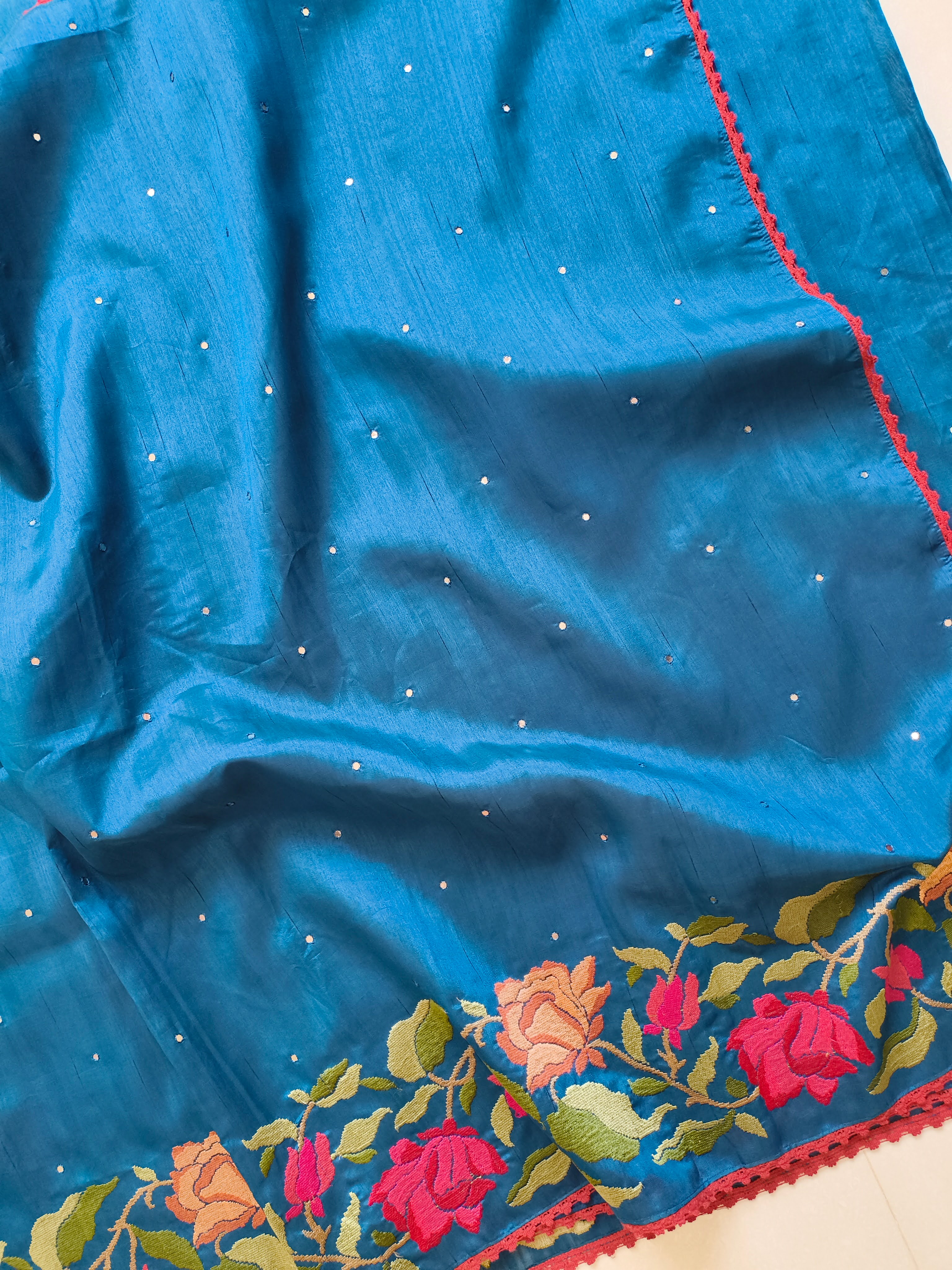 Teal Blue Semi Tussar Silk Embroidered Saree