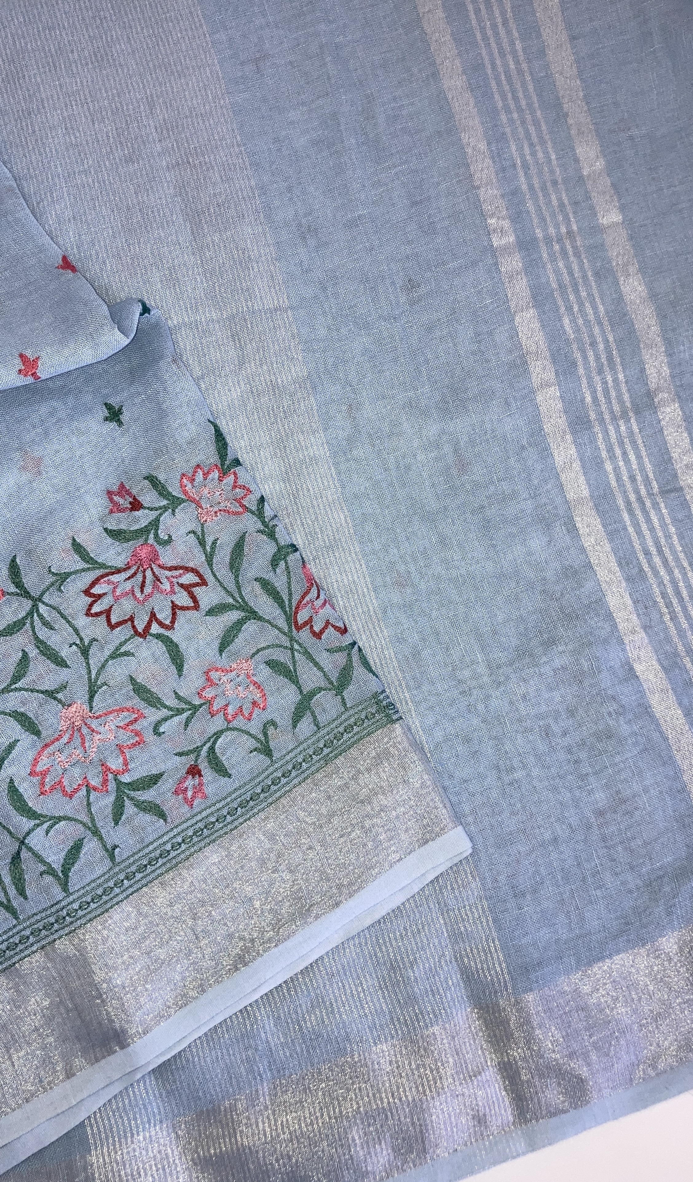 Ice Blue Pure Linen Saree with Floral Embroidery