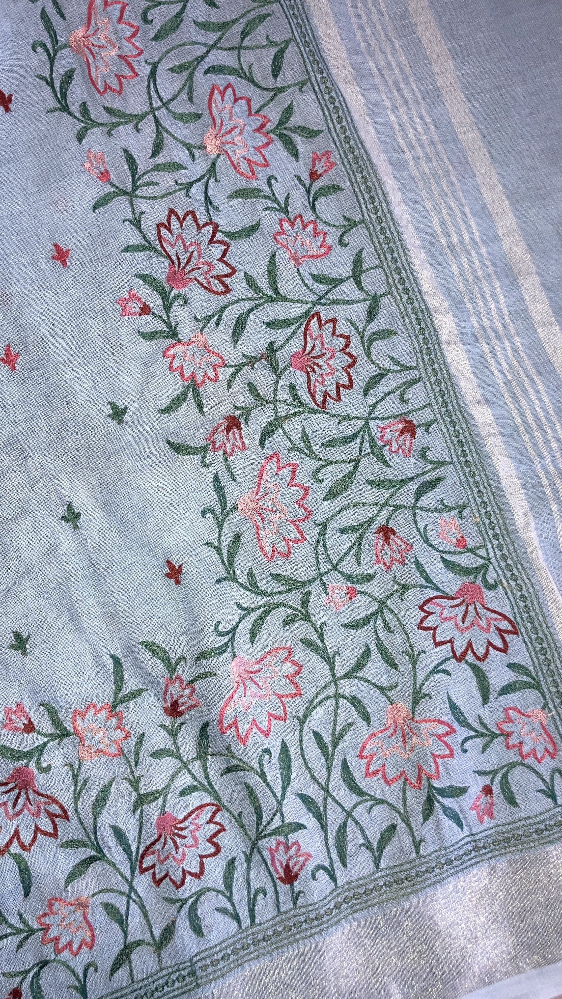 Ice Blue Pure Linen Saree with Floral Embroidery