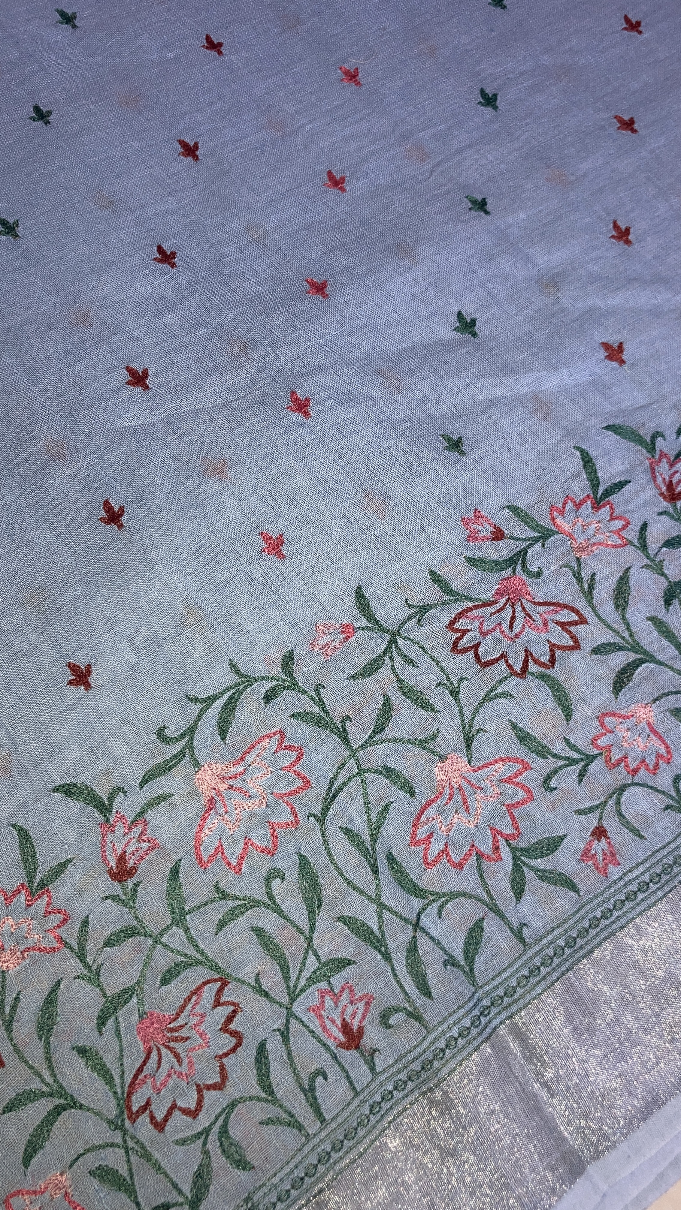 Ice Blue Pure Linen Saree with Floral Embroidery