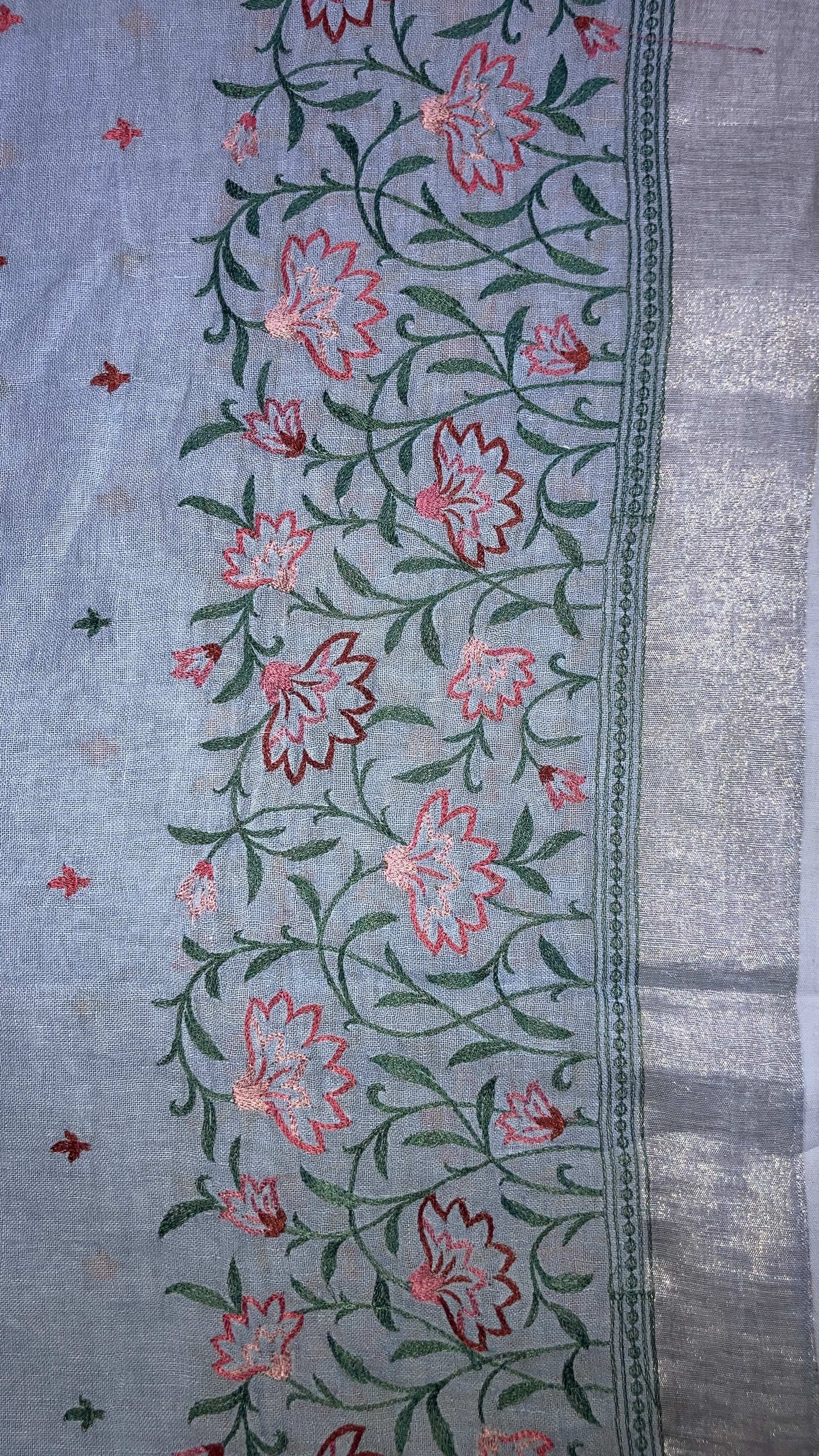 Ice Blue Pure Linen Saree with Floral Embroidery