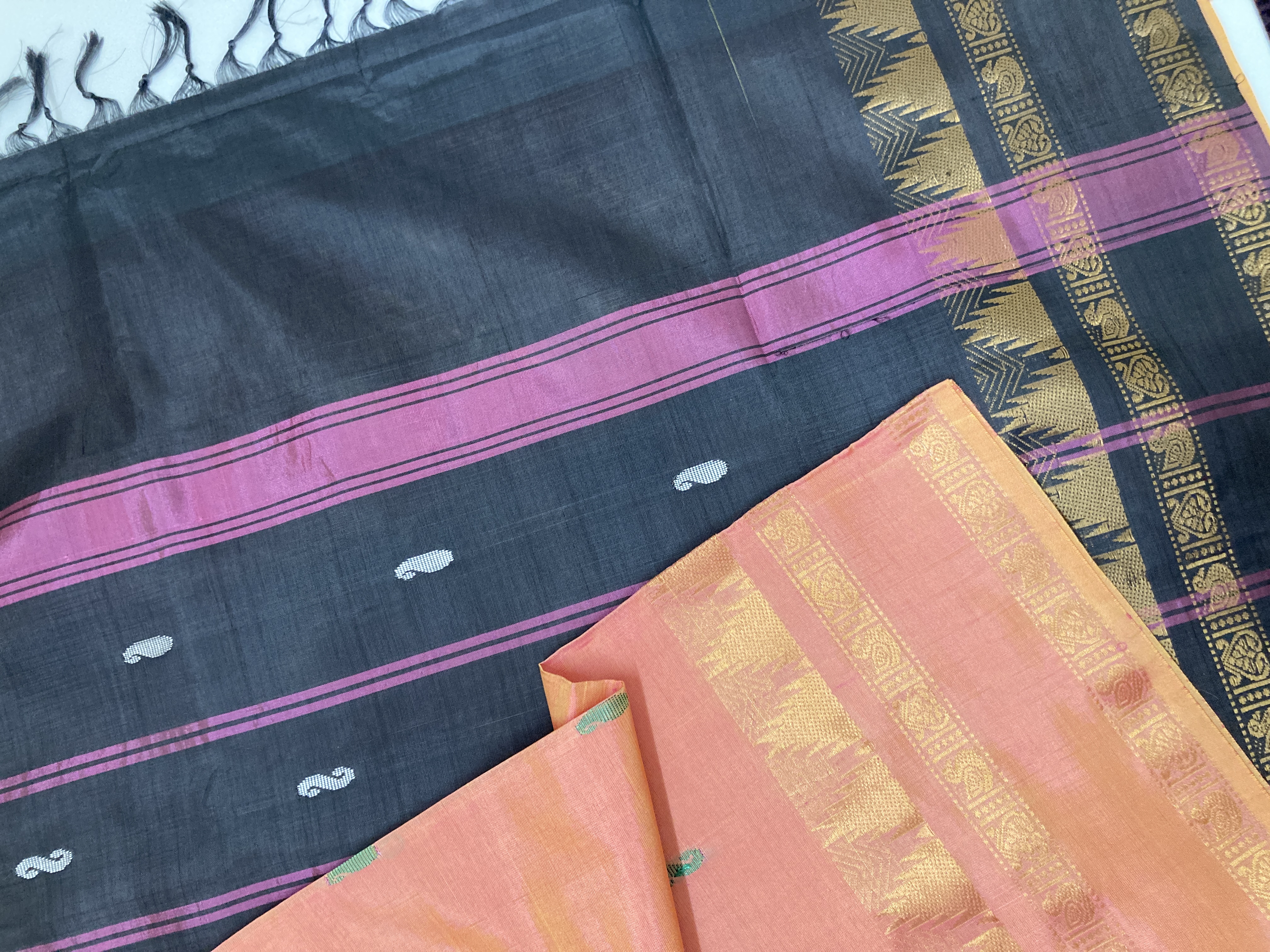Peach & Black Vaazhainaar/ Valainar Pattu Saree