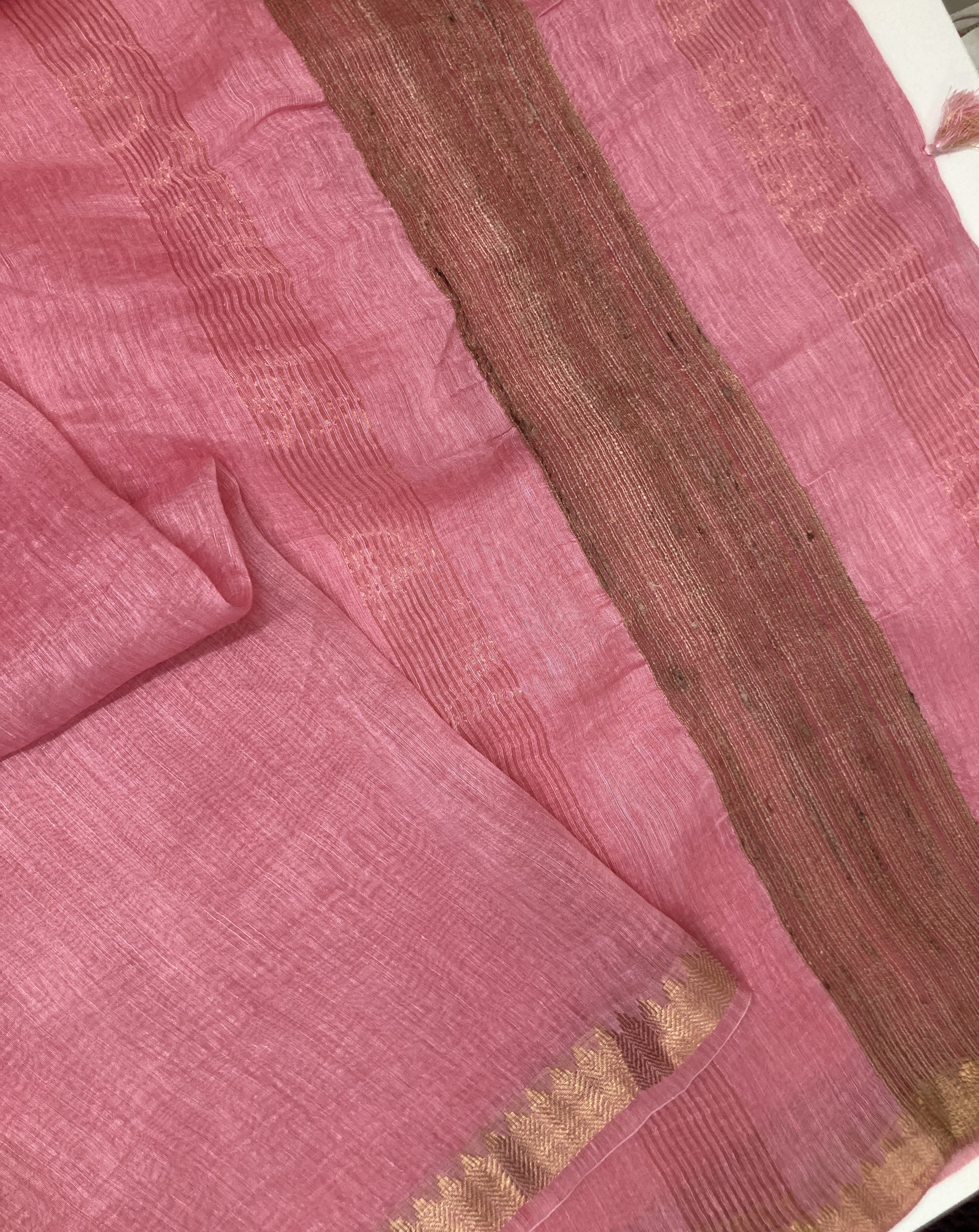 Pink Pure Linen Handloom Saree