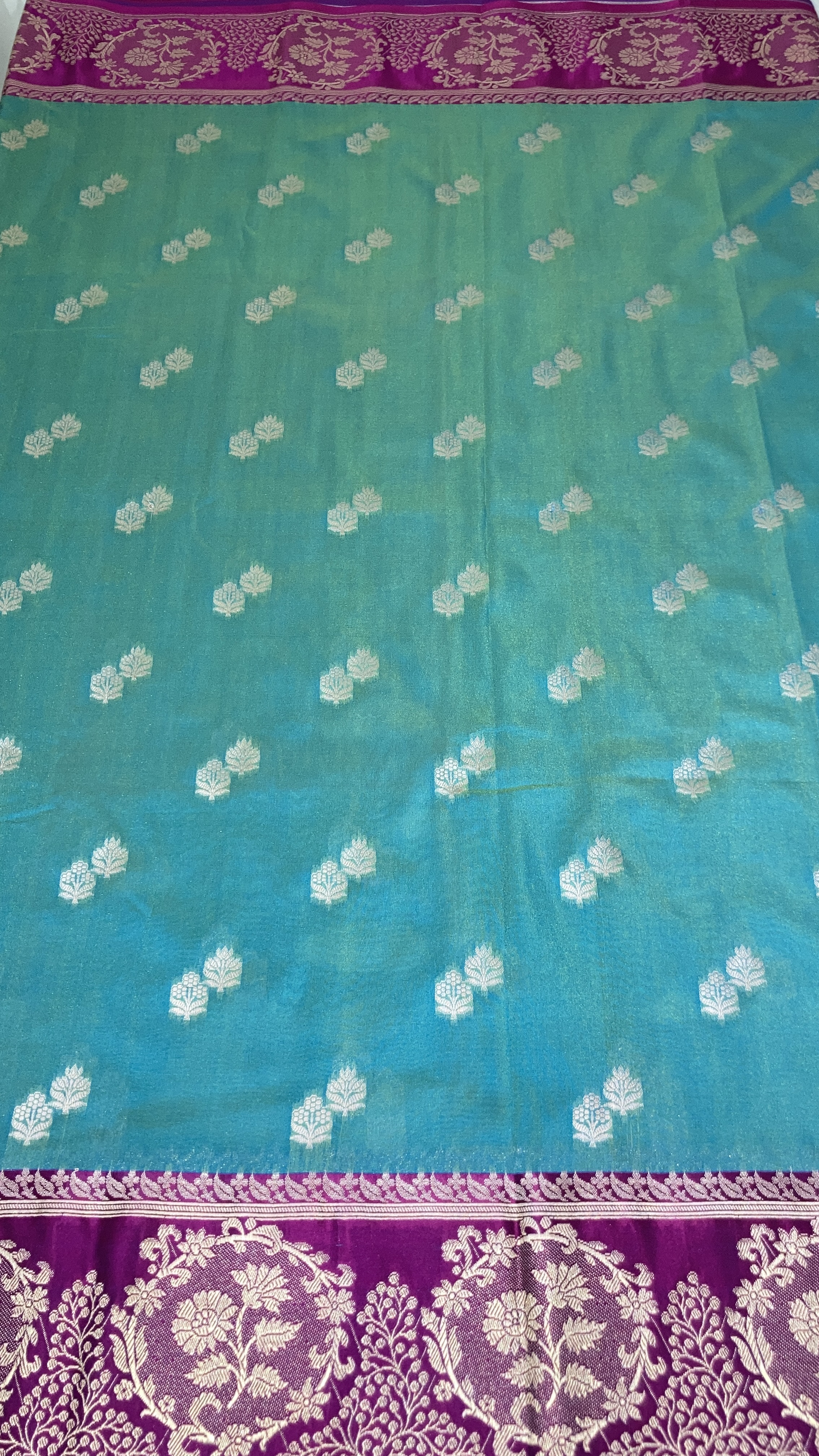 Turquoise & Pink Semi Katan Banarasi Silk Saree